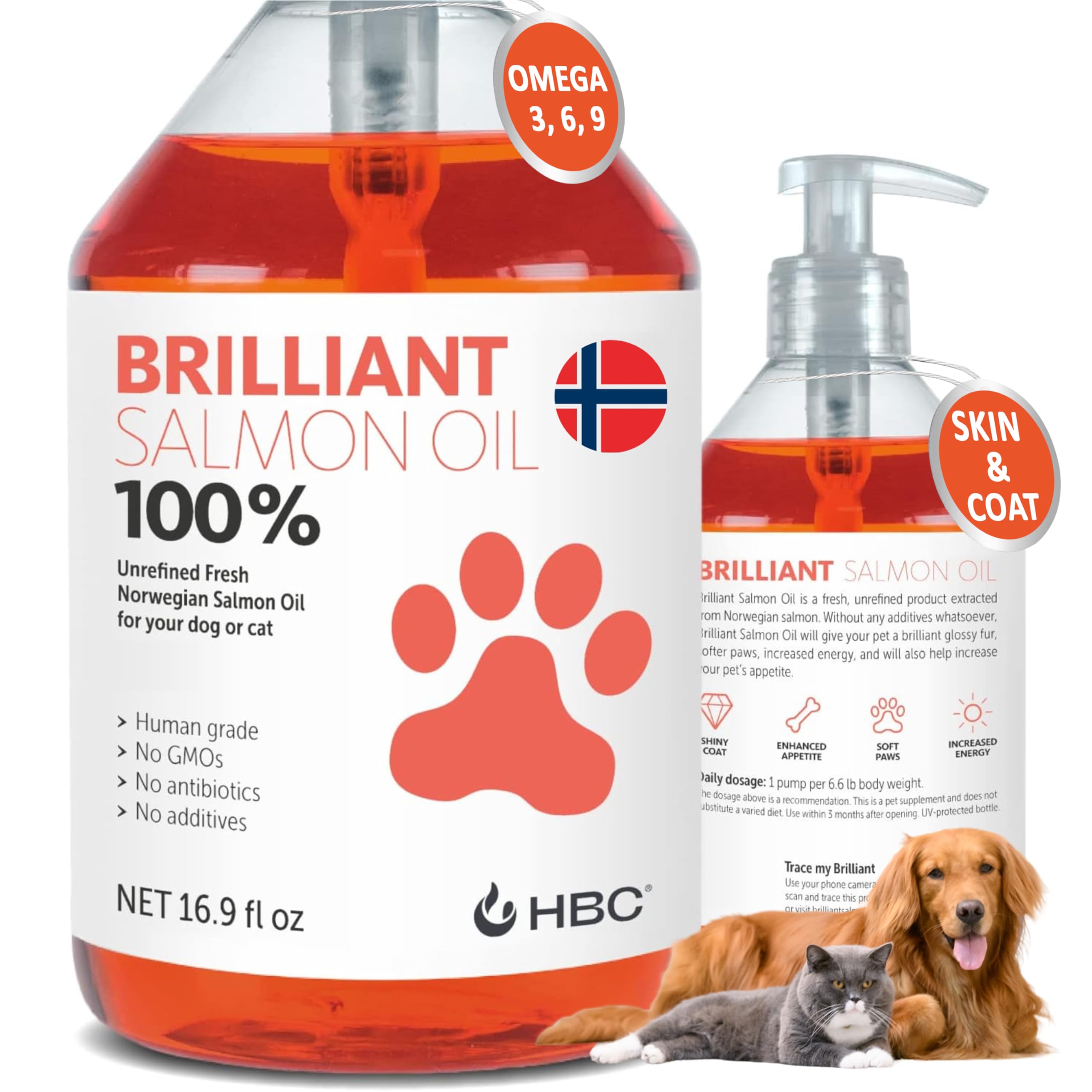 Salmon Oil for Dogs - Healthy Skin & Coat, All Natural Norwegian Fish Oil Food Supplement for Pets, Omega 3 EPA DHA, Ideal for S