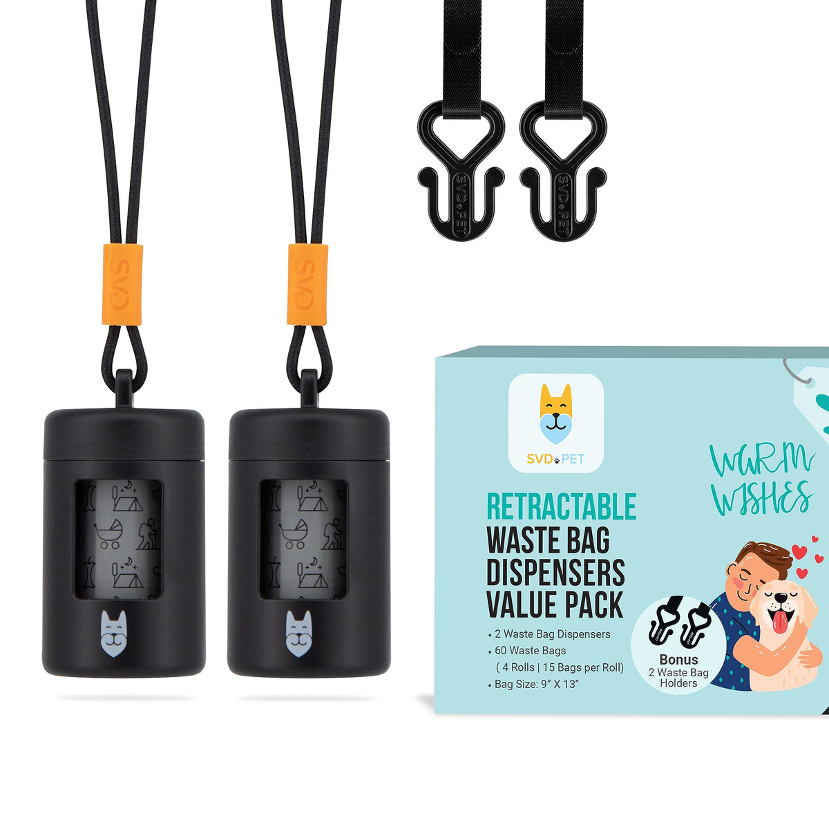 Svd.Pet 2-Pack Retractable Waste Bag Dispensers With 60 Large Leak-Proof Poop Bags, Dog Walking Accessory, Black