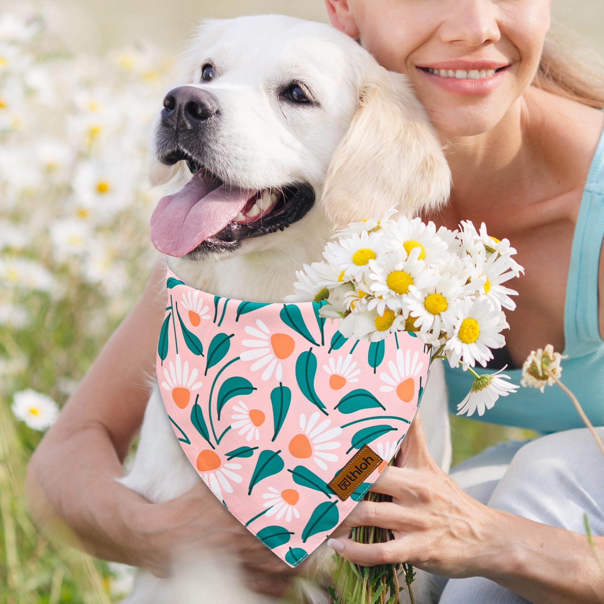 Thloh Spring Dog Bandanas - 2 Pack Floral Dog Scarf For Boy & Girl, Premium Durable Fabric, Adjustable Fit, Gift For Dogs, Daisy