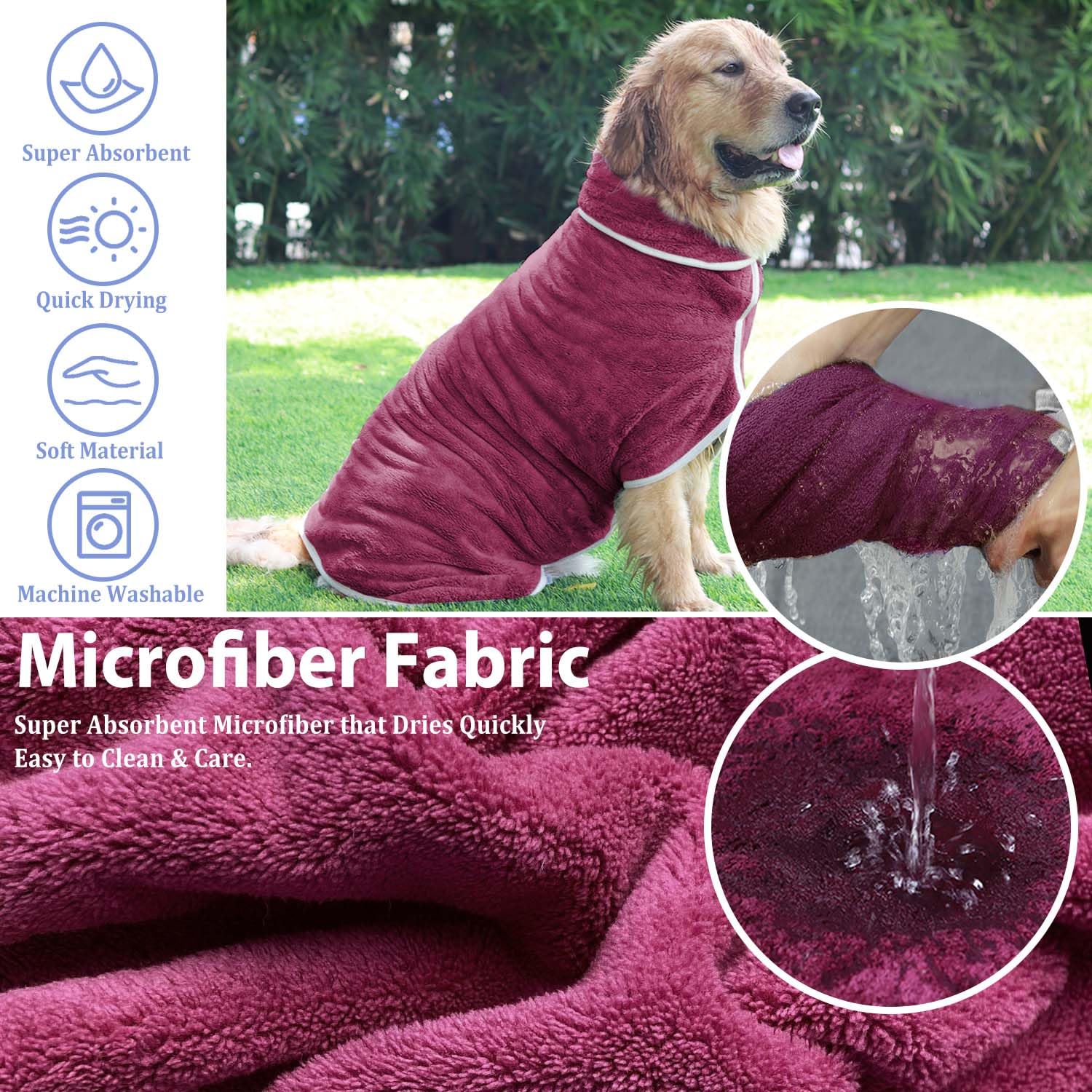 Dog Bathrobe Drying Coat - Super Absorbent Bath Robe For Large Dogs, Soft Adjustable Collar & Belly Strap Fast Drying Pet Towel