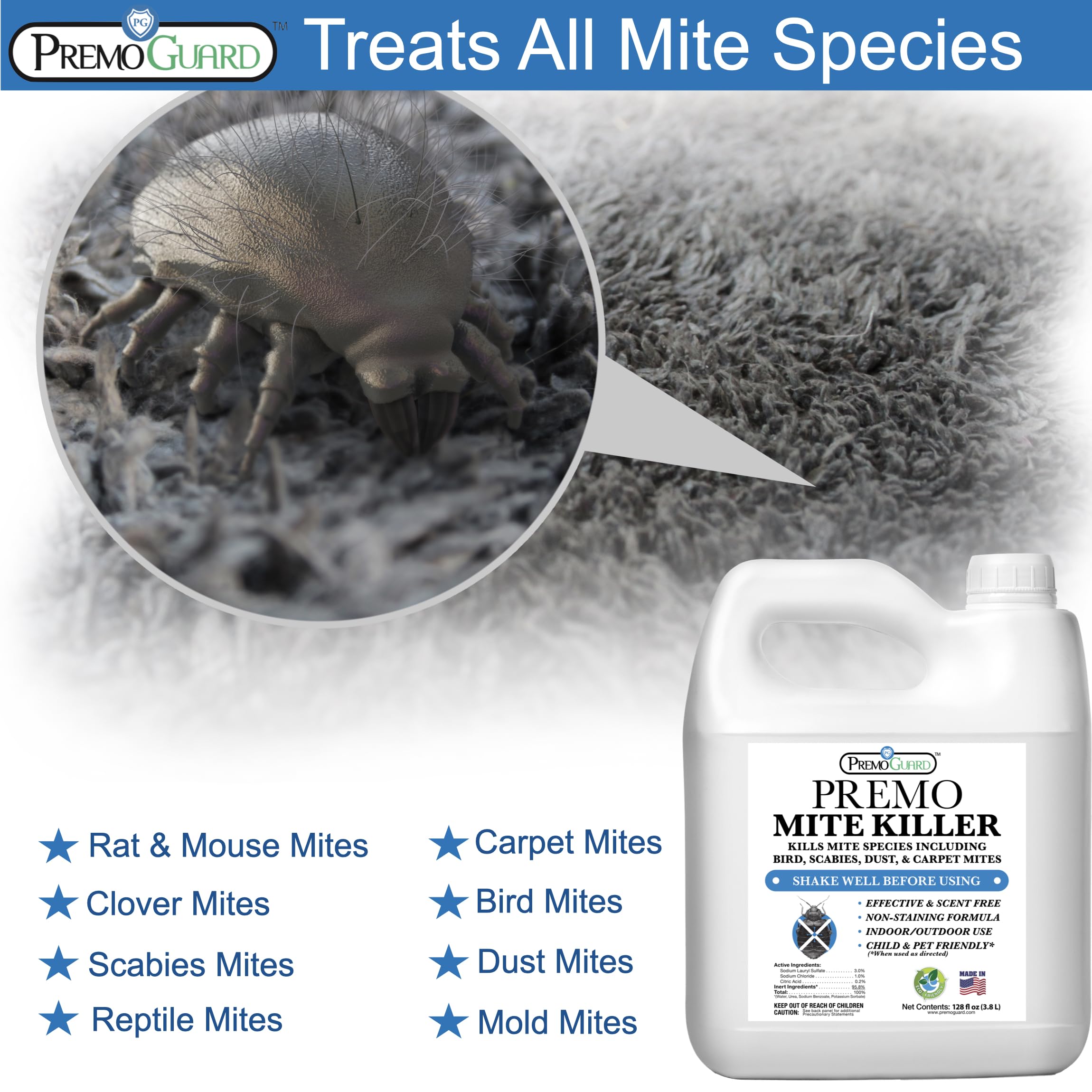 Premo Guard Mite Killer Spray - 128 Fl Oz - Fast Acting & 100% Effective - Child & Pet Safe Treatment for Dust, Spider, Rat, Mouse, Scabies Mites