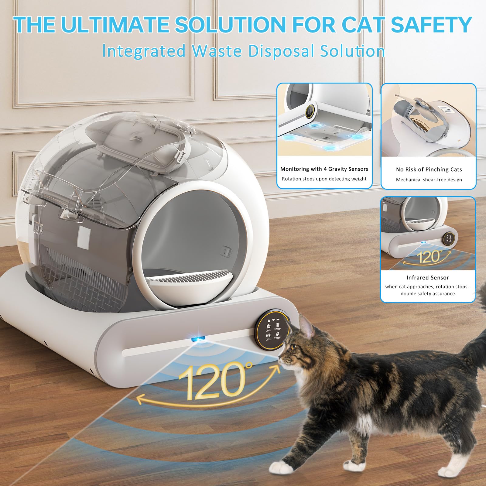 Suanpot Self Cleaning Cat Litter Box, Automatic Robot Box For Multiple Cats, Smart Self Cleaning With Safety Protection, App Con