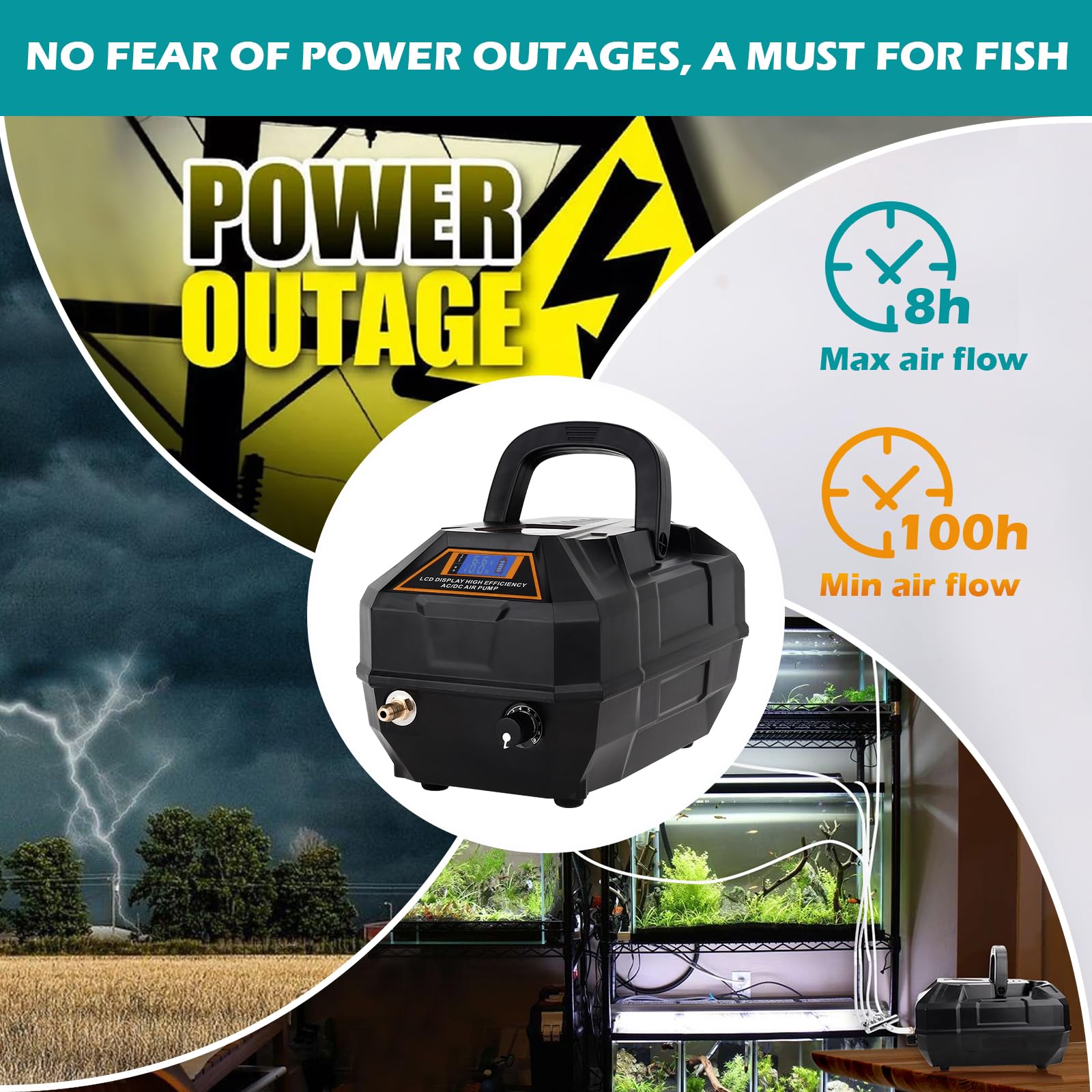 hygger Rechargeable Aquarium Pond Air Pump, Powerful Quiet Commercial Tank Air Pump with Hose Air Stone Check Valve Adjustable F