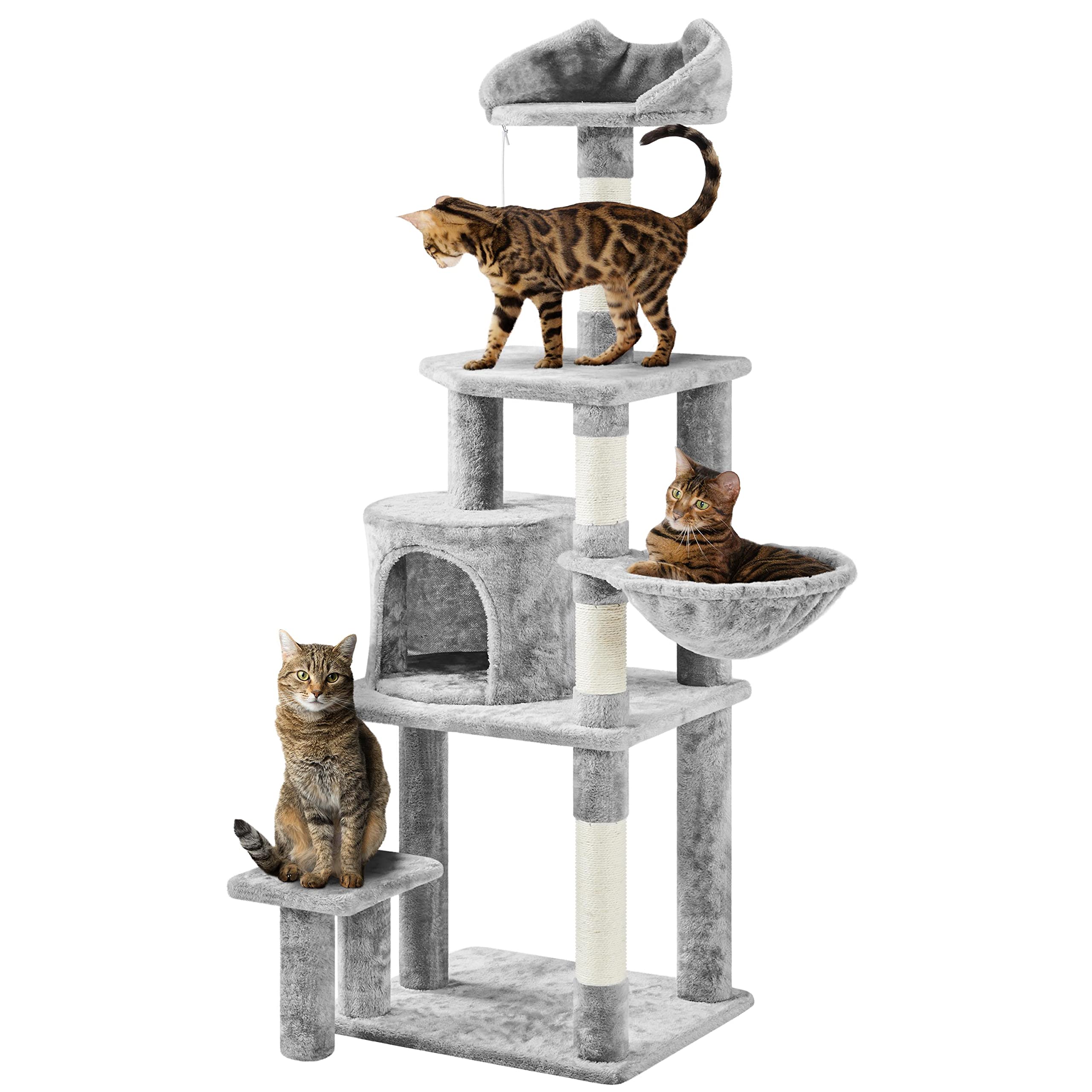 Topeakmart Cat Tree 57in, Multi Level Cat Tower with Basket & Condo & Scratching Post & Padded Perch & Extended Platform & Fur B