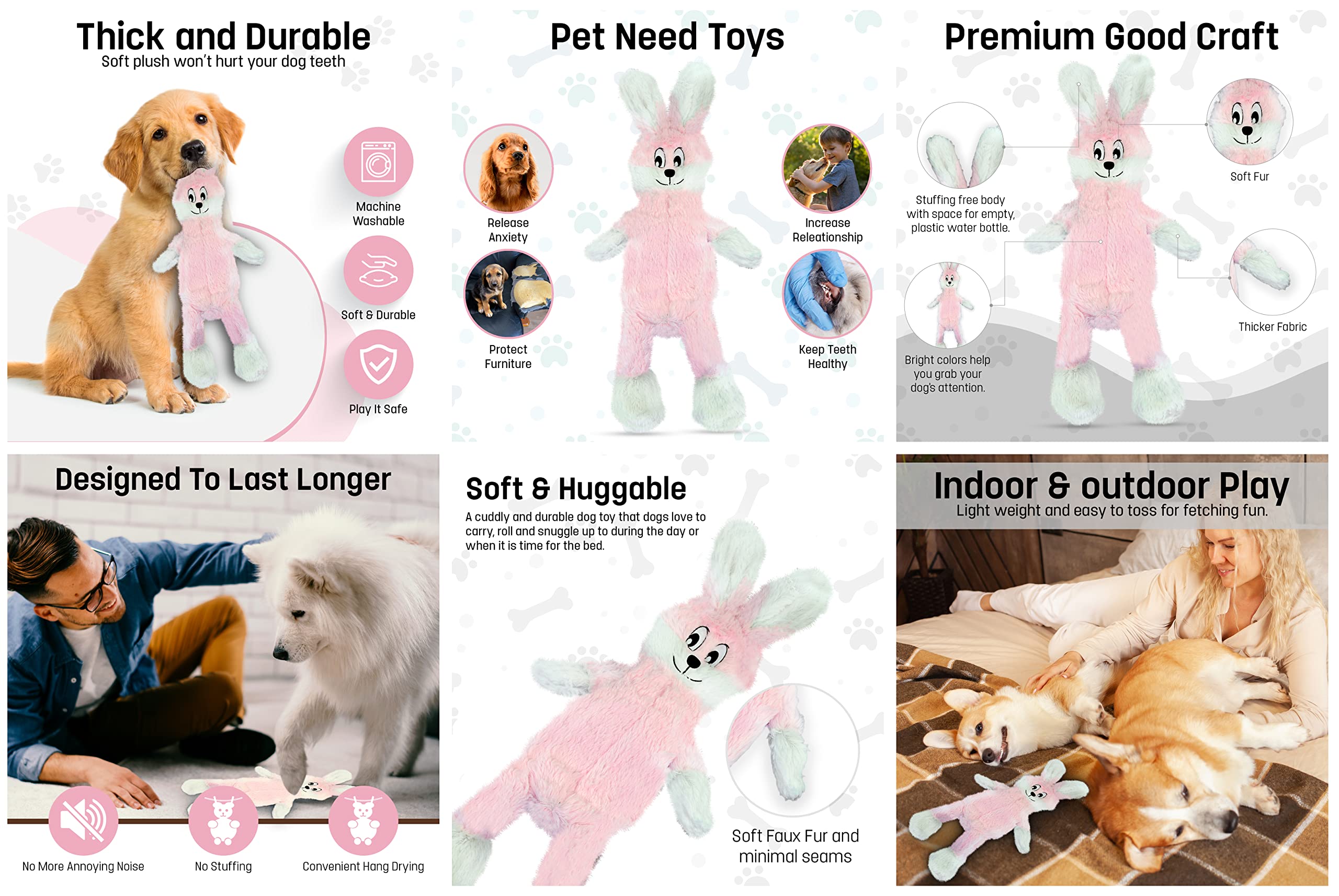 Fga Marketplace Frog-Grey And Pink Rabbit Flat No Stuffing No Squeak Plush Dog Toy, Funny Style Will Entertain Your Pet For Hour