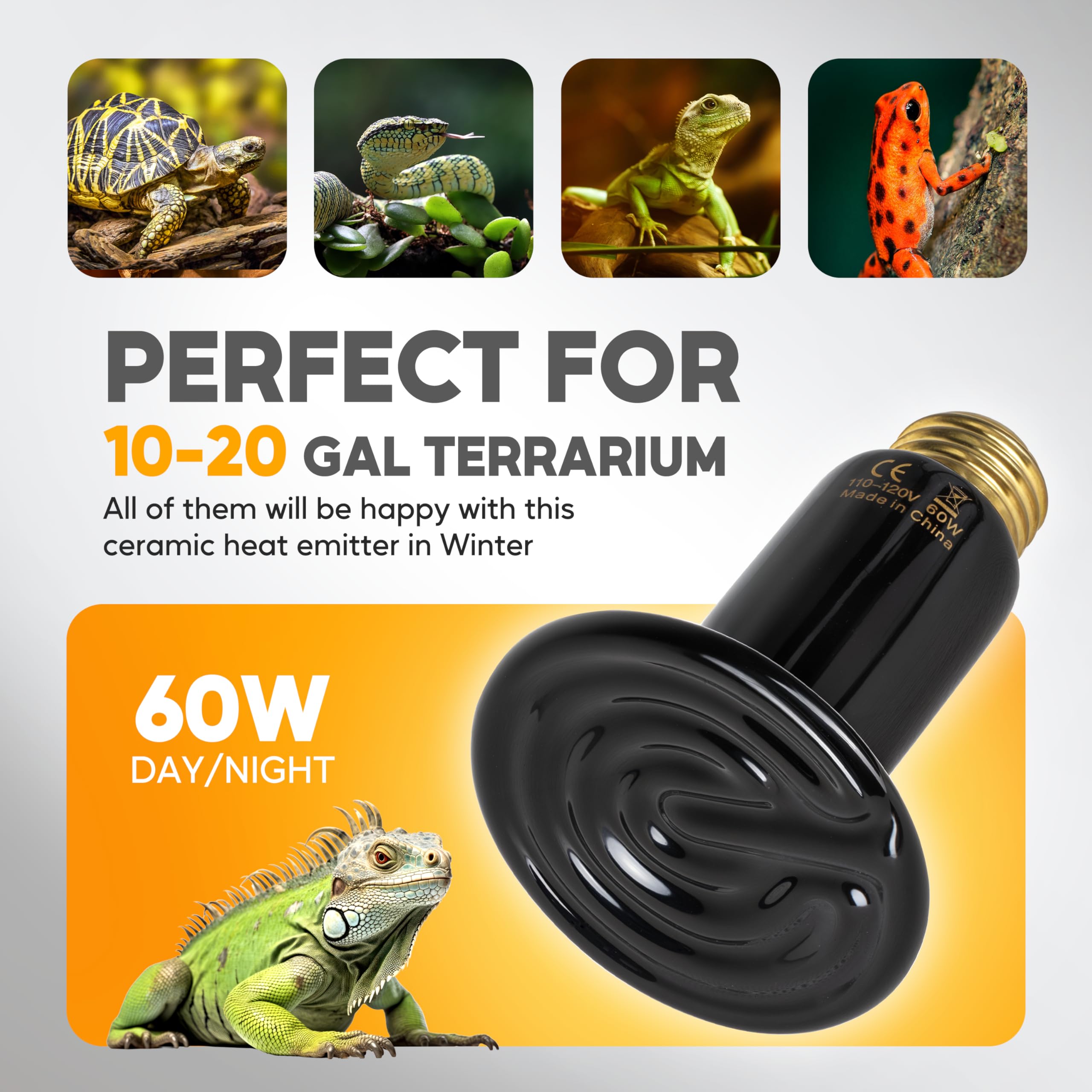 HealSmart 60W Reptile Heat Lamp Ceramic Heat Emitter, No Light Emitting Heat Bulbs, Suitable for Snake/Lizard/Spider, Plant Grow