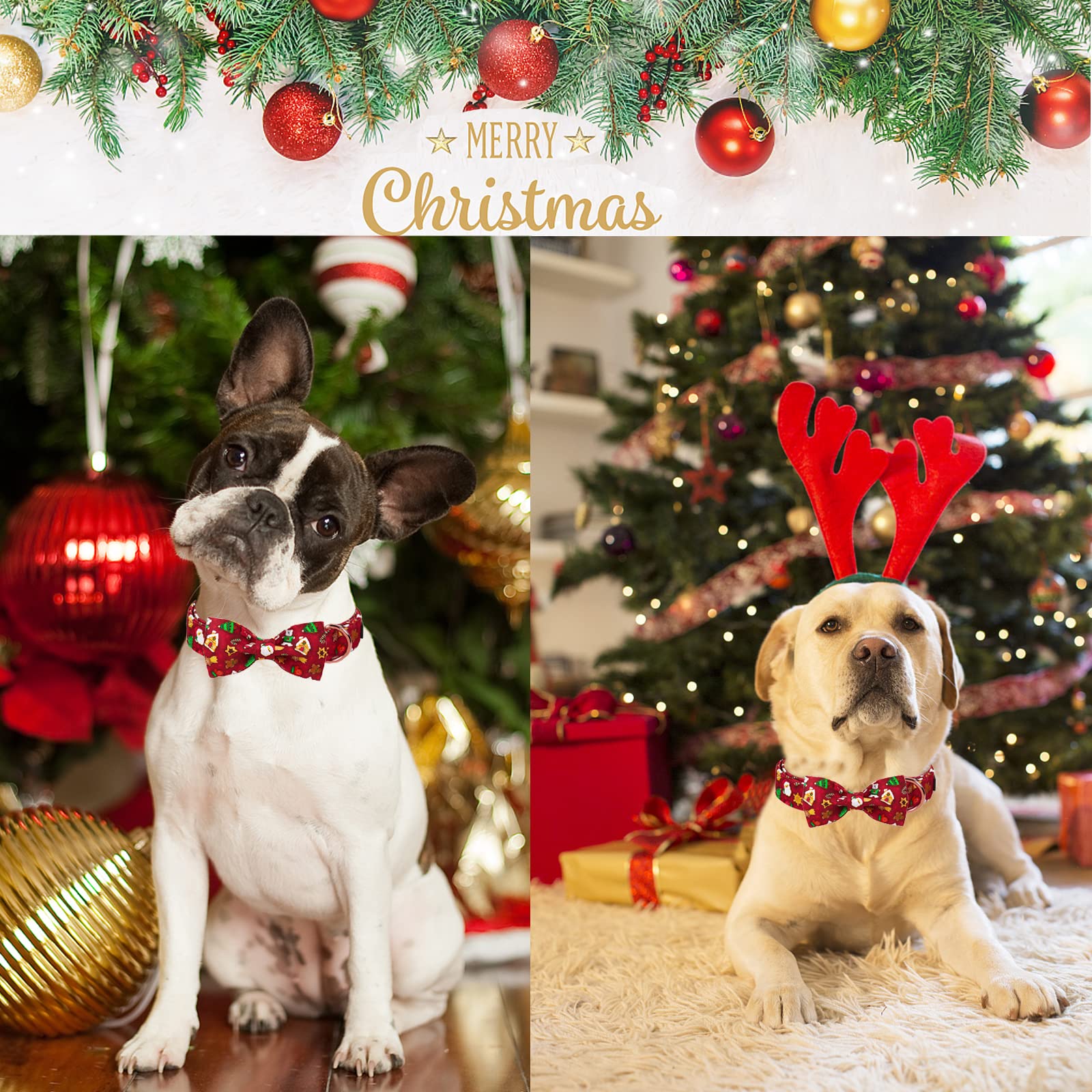 Aring Pet Christmas Dog Collar, Cute Santa Claus Dog Collar With Bowtie, Cotton Red Christmas Dog Collar Bow With Metal Buckle For Small Medium Large Boy And Girl Dogs