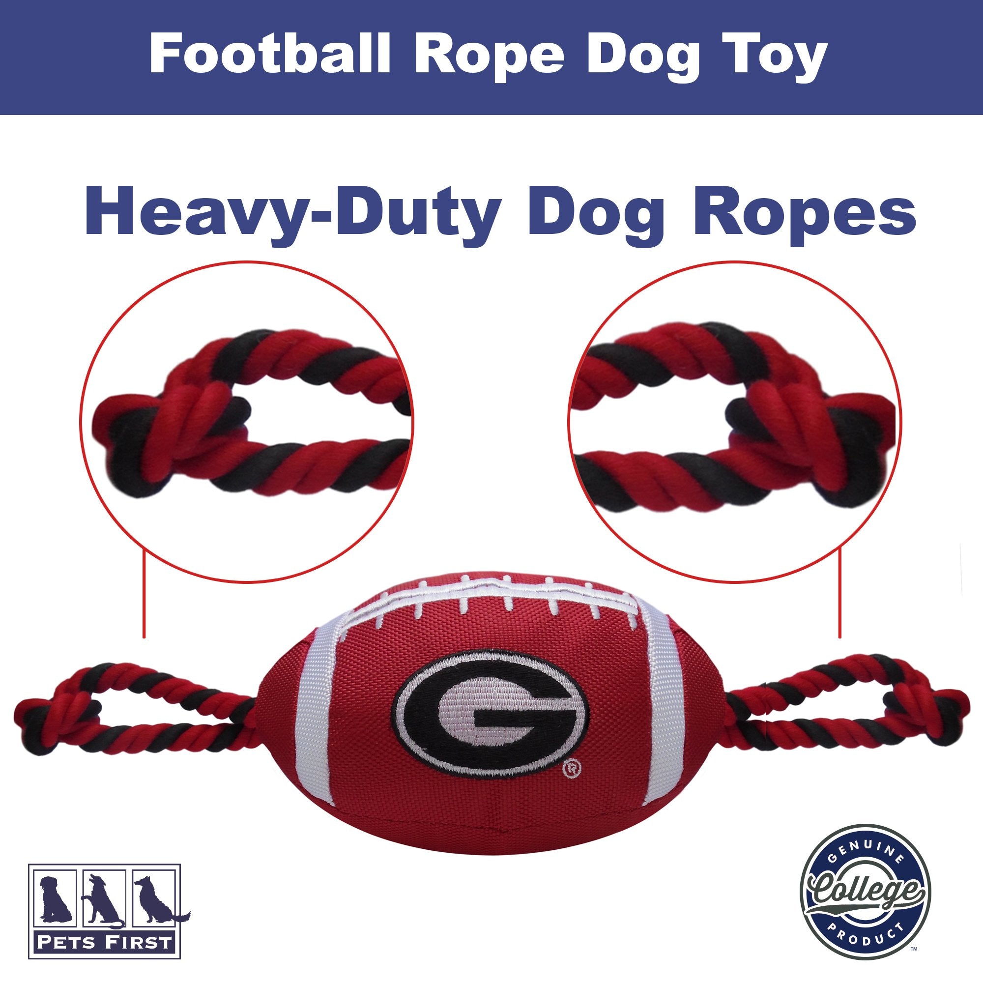 Pets First NCAA Georgia Bulldogs Football Dog Toy, Tough Quality Nylon Materials, Strong Pull Ropes, Inner Squeaker, Collegiate