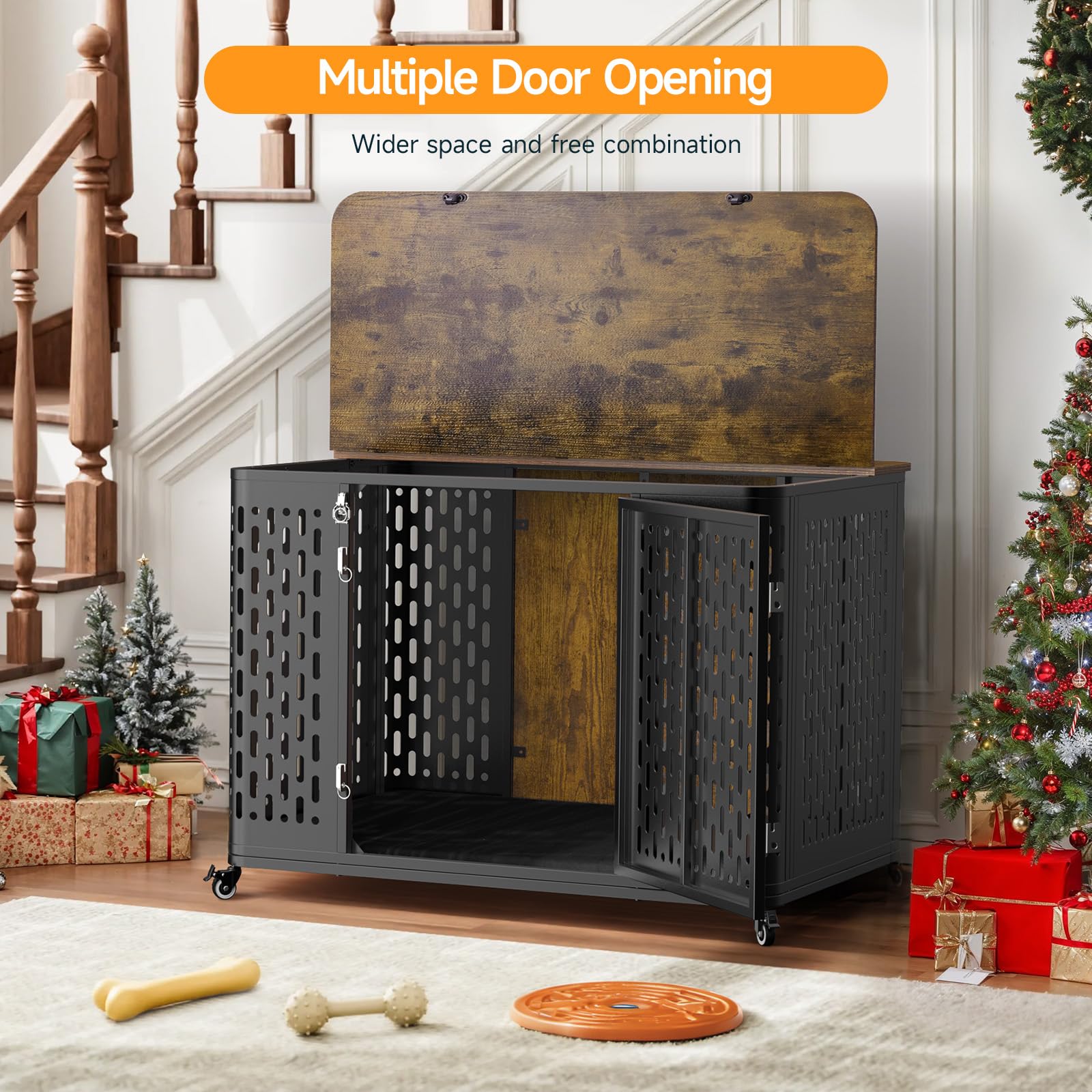 ONBRILL Heavy Duty Dog Crate for Large Dogs, 43.7" Escape Proof Kennel, Rustic Brown, Engineered Wood, Model OB-LTL-PET-003-A