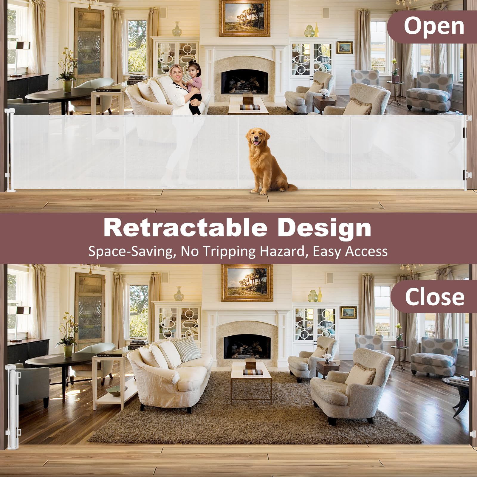 Reinforced 41 Inch Extra Tall Retractable Baby Gates 200 Inch Extra Wide Dog Gate with Support Rods, Indoor Dog Gates for The Ho