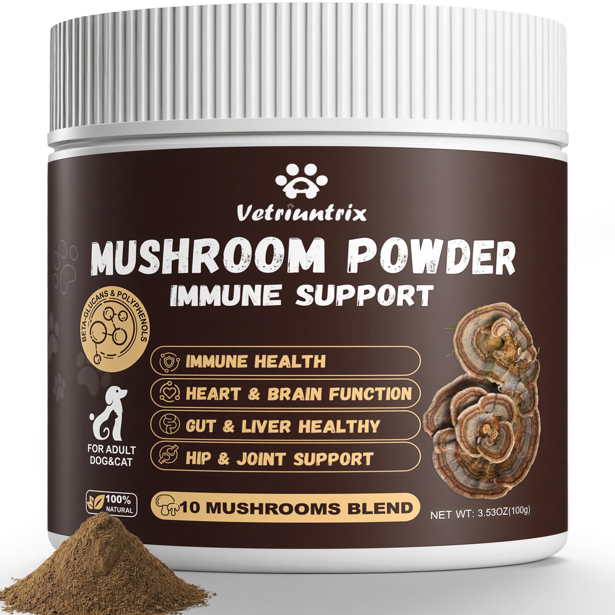 Vetriuntrix Organic Turkey Tail Mushroom for Dogs 100g - Over 50% Beta Glucan - 10-in-1 Mushroom Powder for Immune & Gut Support