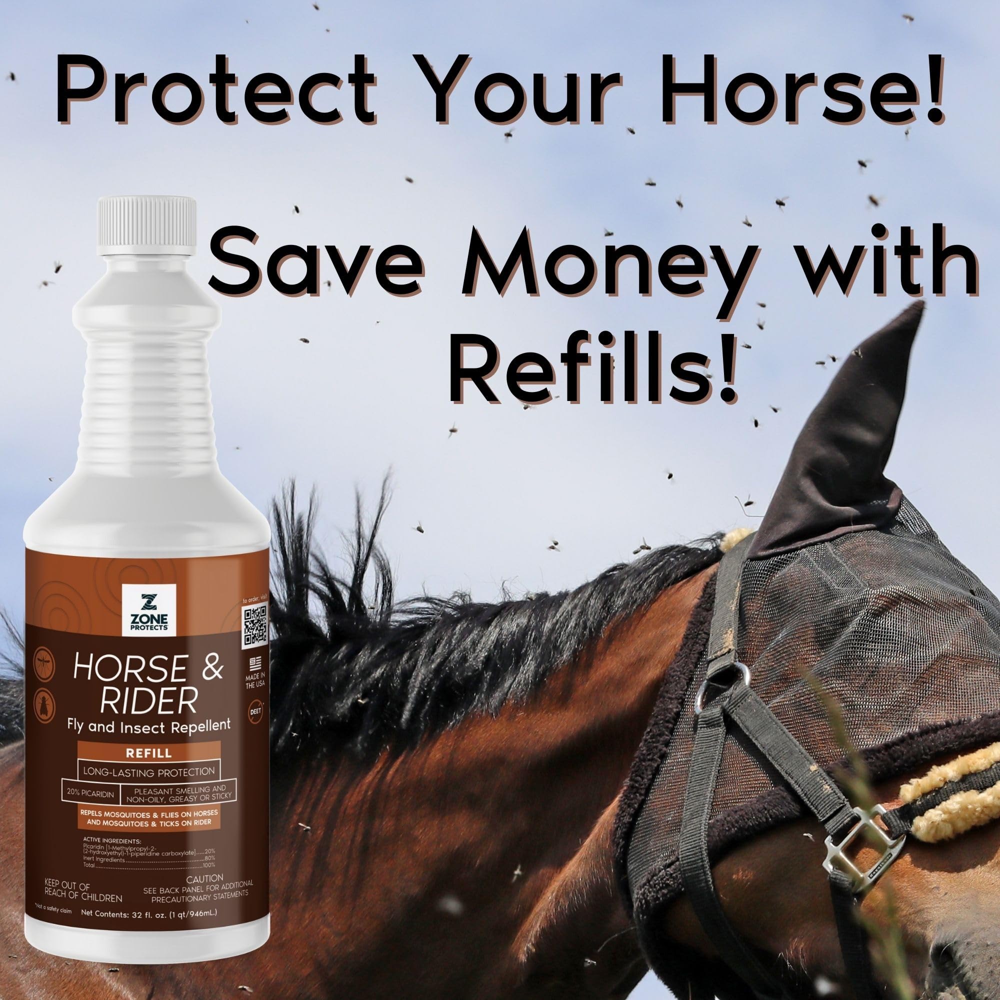 Zone Protects Horse & Rider Fly/Insect Repellent 32oz Refill; Picaridin Based, Light Fresh Scent, Masks Horse Hide; 12-Hr Proven