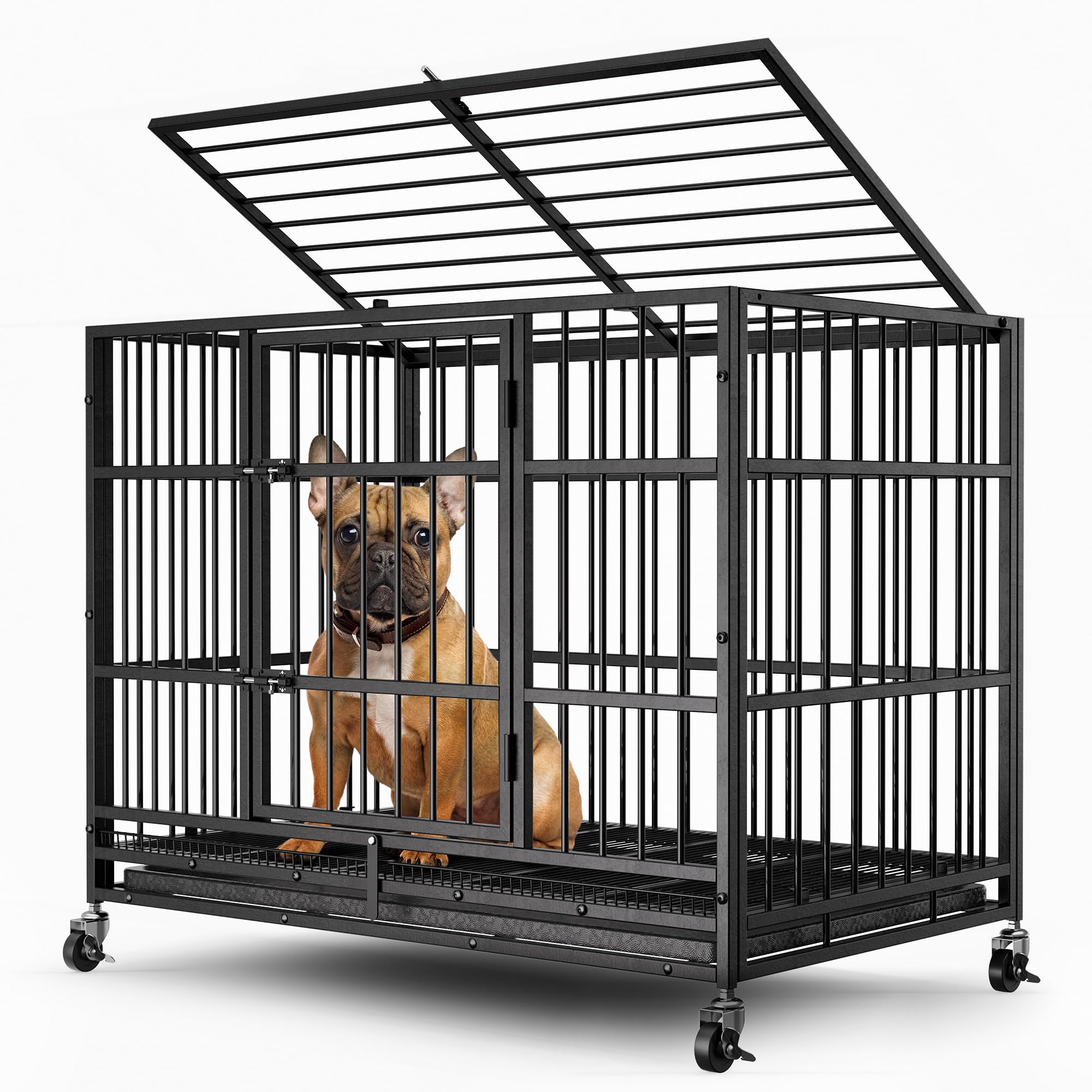 38' Heavy Duty Dog Crates For Small Dogs, Escape Proof, Upgraded 4 Lockable Wheels, Removable Door, Dog Kennel Indoor, Max Load