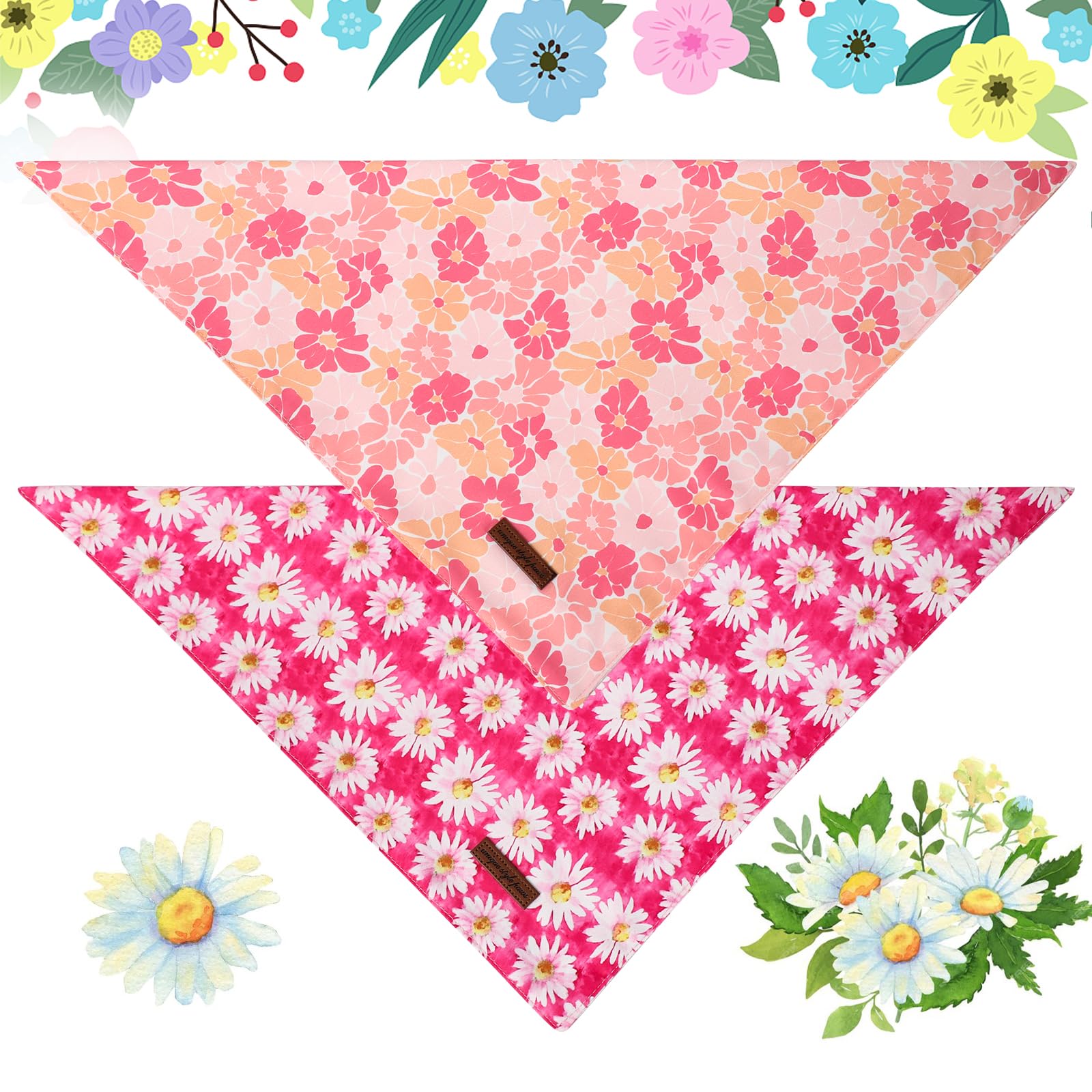 Unique Style Paws Dog Spring Bandanas 2Pcs Washable Cotton Triangle Summer Rose Daisy Flower Puppy Scarfs For Small Medium Large
