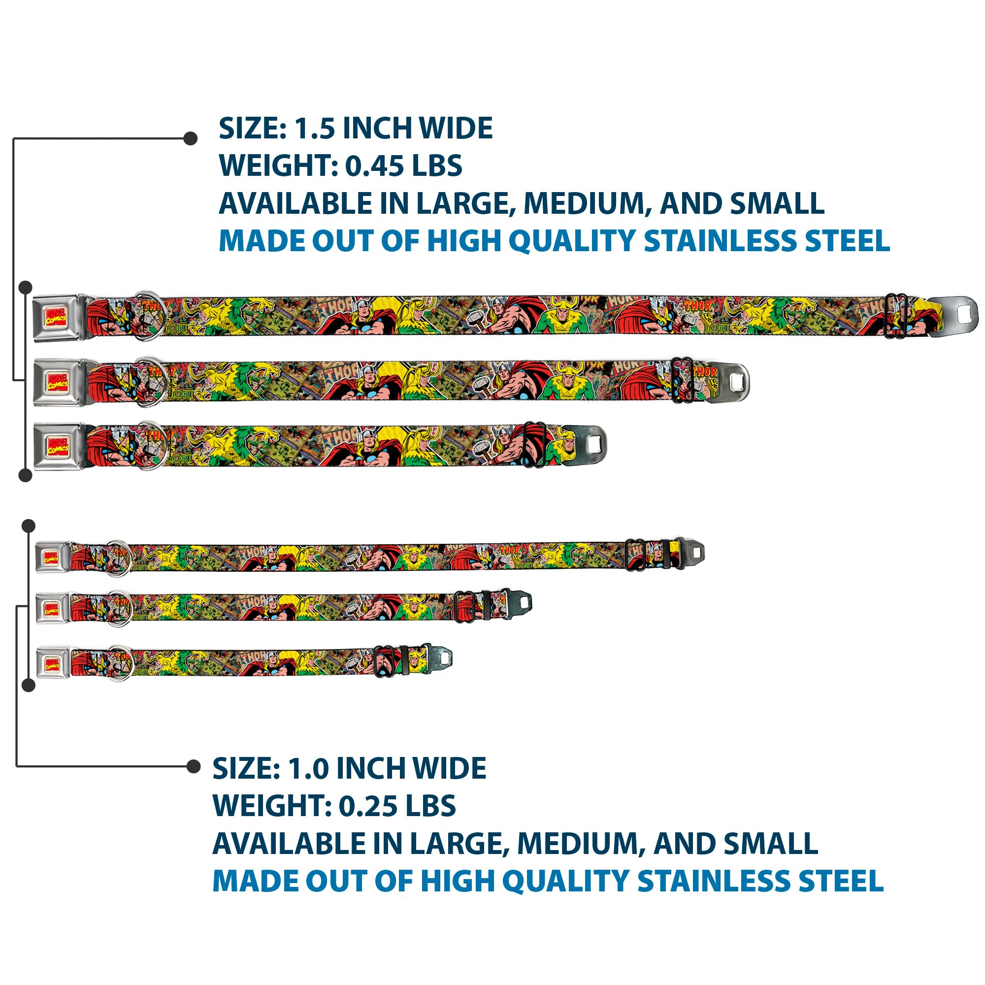Buckle-Down Seatbelt Buckle Dog Collar - Thor & Loki Poses/Retro Comic Books Stacked - 1'' Wide - Fits 11-17'' Neck - Medium