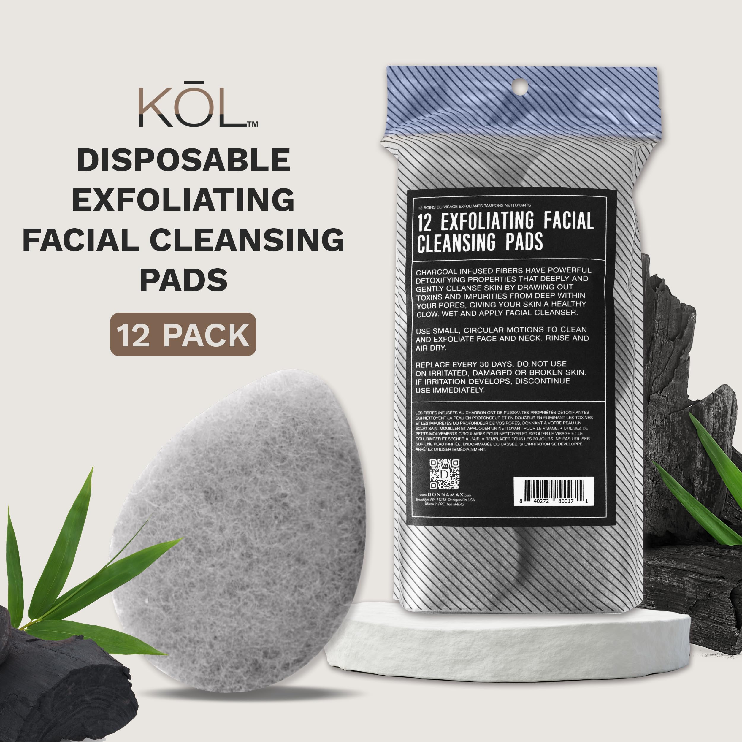 KOL Charcoal Exfoliating Face Scrubber Pads - 12 Count Disposable Loofah for Daily Cleansing and Makeup Removal