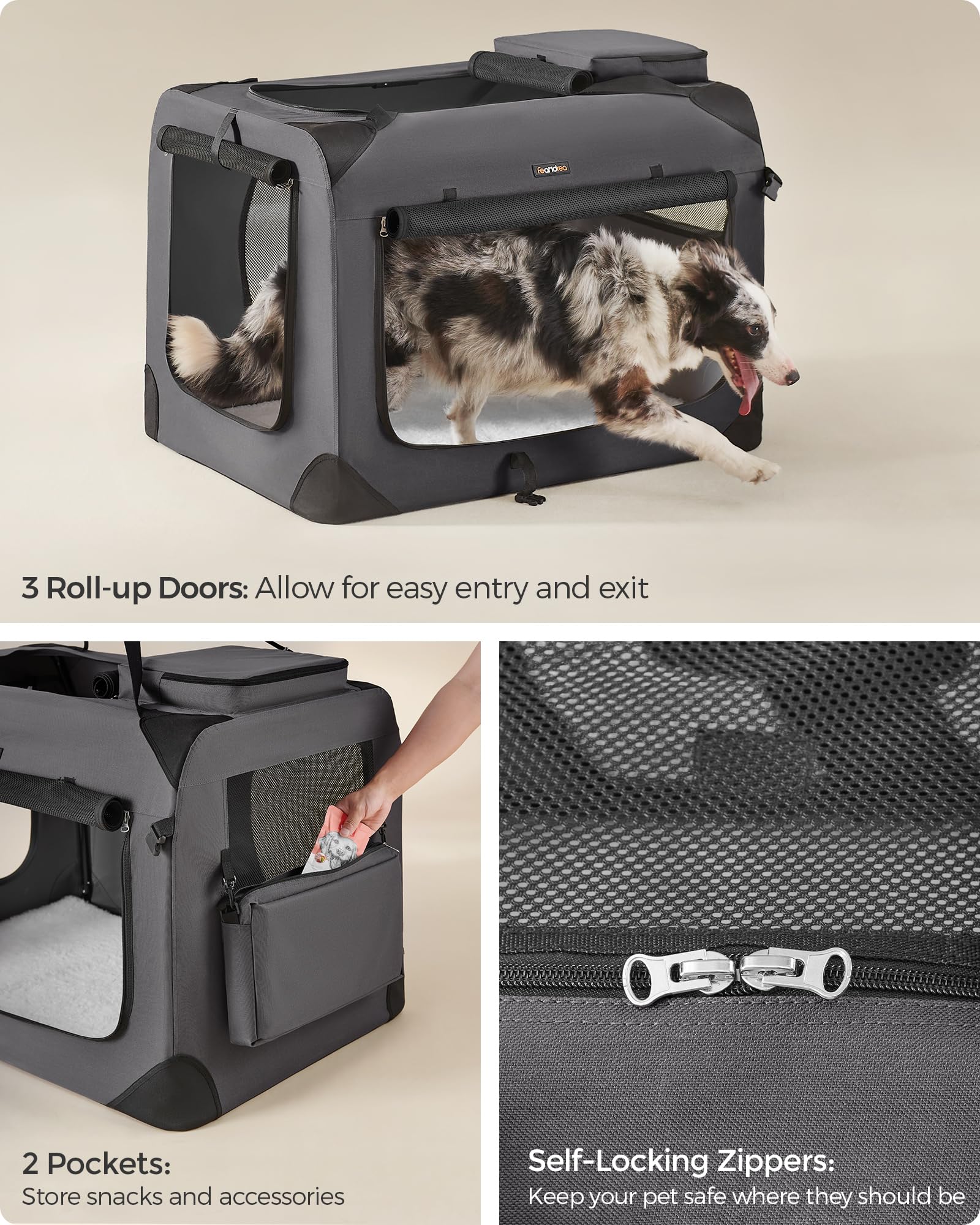 Feandrea 36 Inches Collapsible Soft Dog Crate, Portable Travel Dog Crate for Indoor and Outdoor Use, Dog Carrier Kennel with Saf