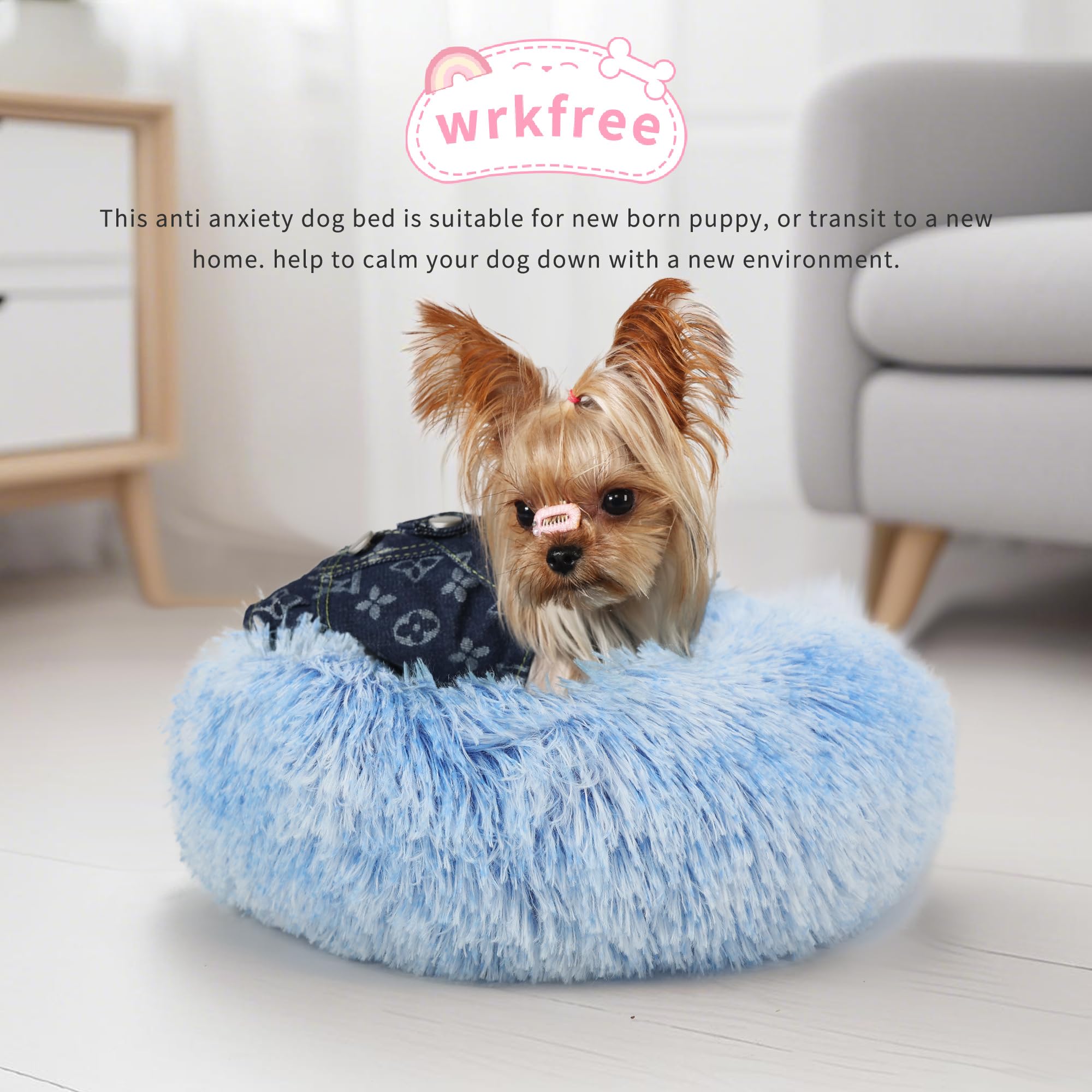 Blue and White Dog Bed Small Washable,Calming Dog Bed for Small Dogs,15 inches Donut Fluffy Pet Beds,Anti Anxiety Round Fits up