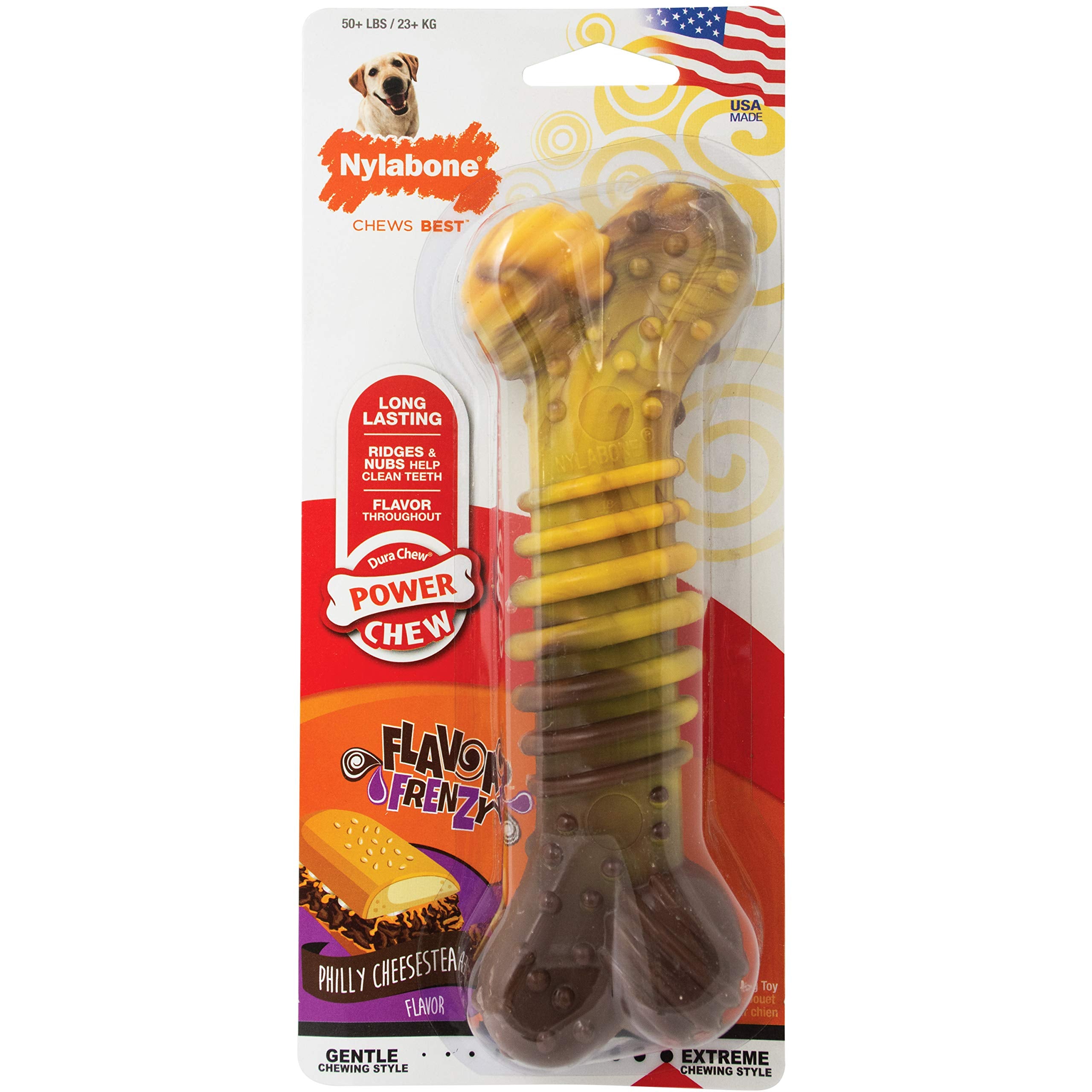 Nylabone Flavor Frenzy Dental Bone Power Chew Toy, Dog Toys For Aggressive Chewers, Philly Cheesesteak, X-Large - 50+ Lbs, 1 Count