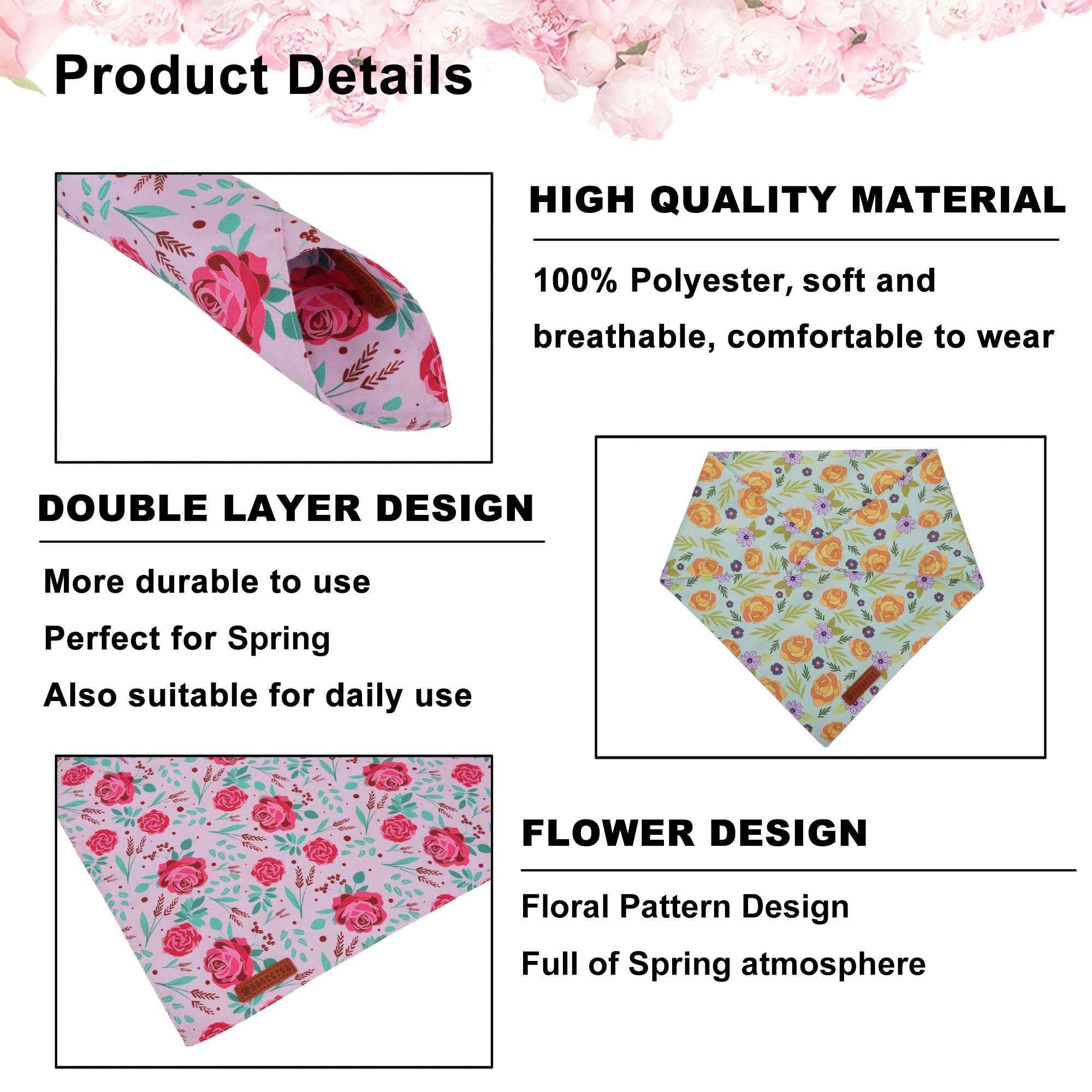 ADOGGYGO Floral Dog Bandana, Red Yellow Rose Pet Scarf, Adjustable Fit Flower Bandanas for Extra Large Dogs Pets (X-Large)