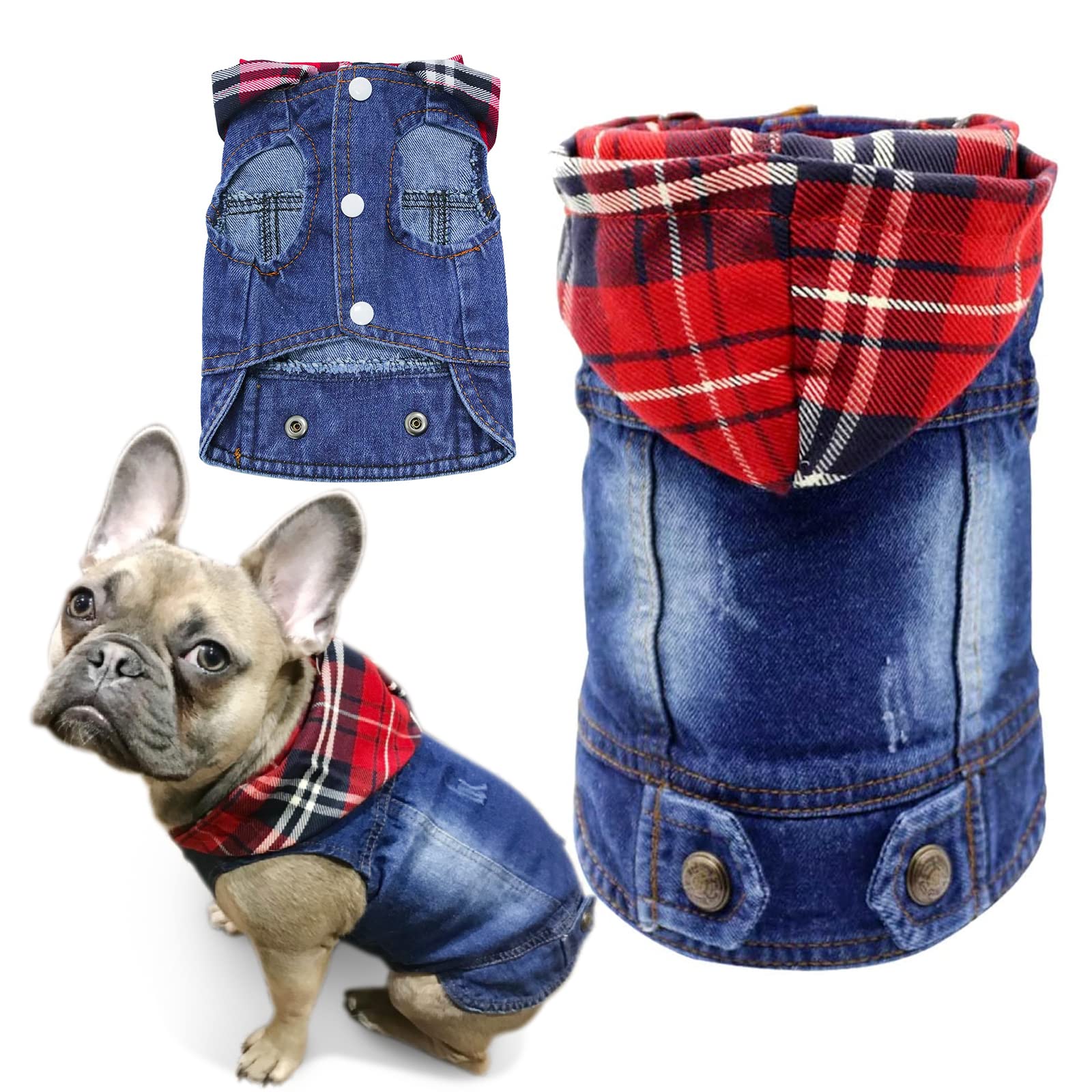Sild Pet Clothes Dog Jeans Jacket Cool Blue Denim Coat Small Medium Dogs Lapel Vests Classic Hoodies Puppy Blue Vintage Washed Clothes (Plaid Hat,Xl)