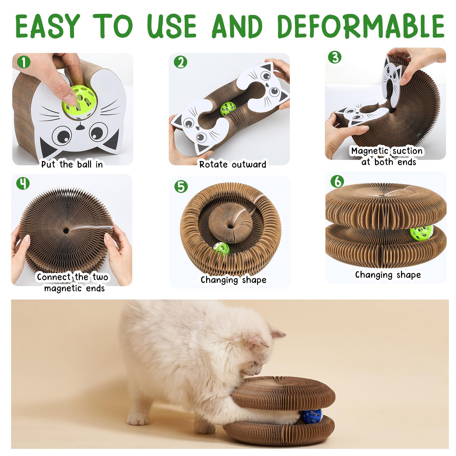 Dansydaisy 2 Pcs Cat Toy Cat Head Magic Organ Cat Scratch Board, Reversible Retractable Accordion Ball Track Cats Toys For Grind