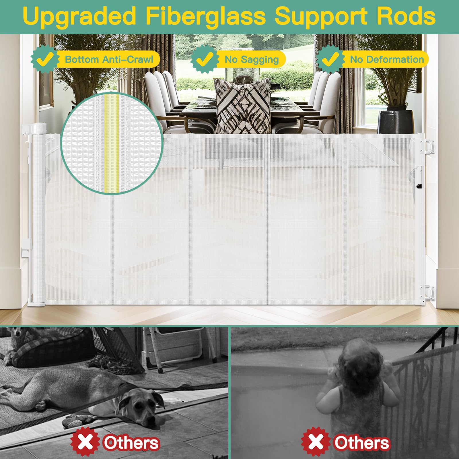 Stcockis 60" Wide Retractable Baby Gate - 33" Tall, White PVC Mesh, Model 59T6A3, Indoor/Outdoor, Anti-Escape Design