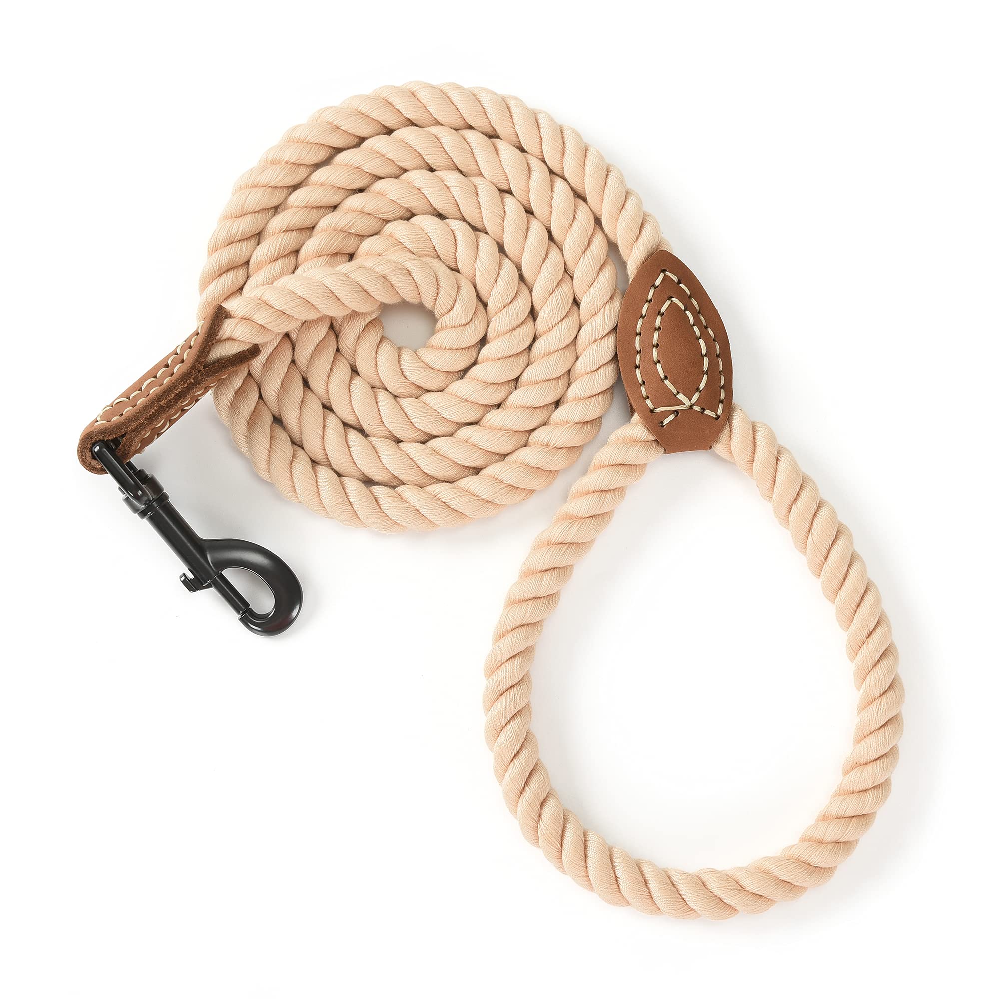 Mile High Life Braided Cotton Rope Leash With Leather Tailor Handle And Heavy Duty Metal Sturdy Clasp (Light Brown, 60 Inch (Pack Of 1))