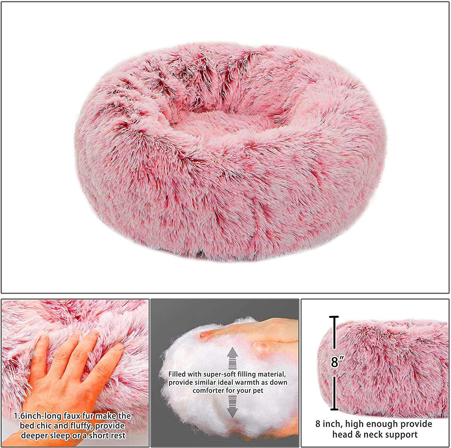 Tormays Calming Donut Dog Bed Medium, Plush Round Cuddler Dog & Cat Bed, Anit-Anxiety Marshmellow Fluffy Faux Fur Cushion (24',