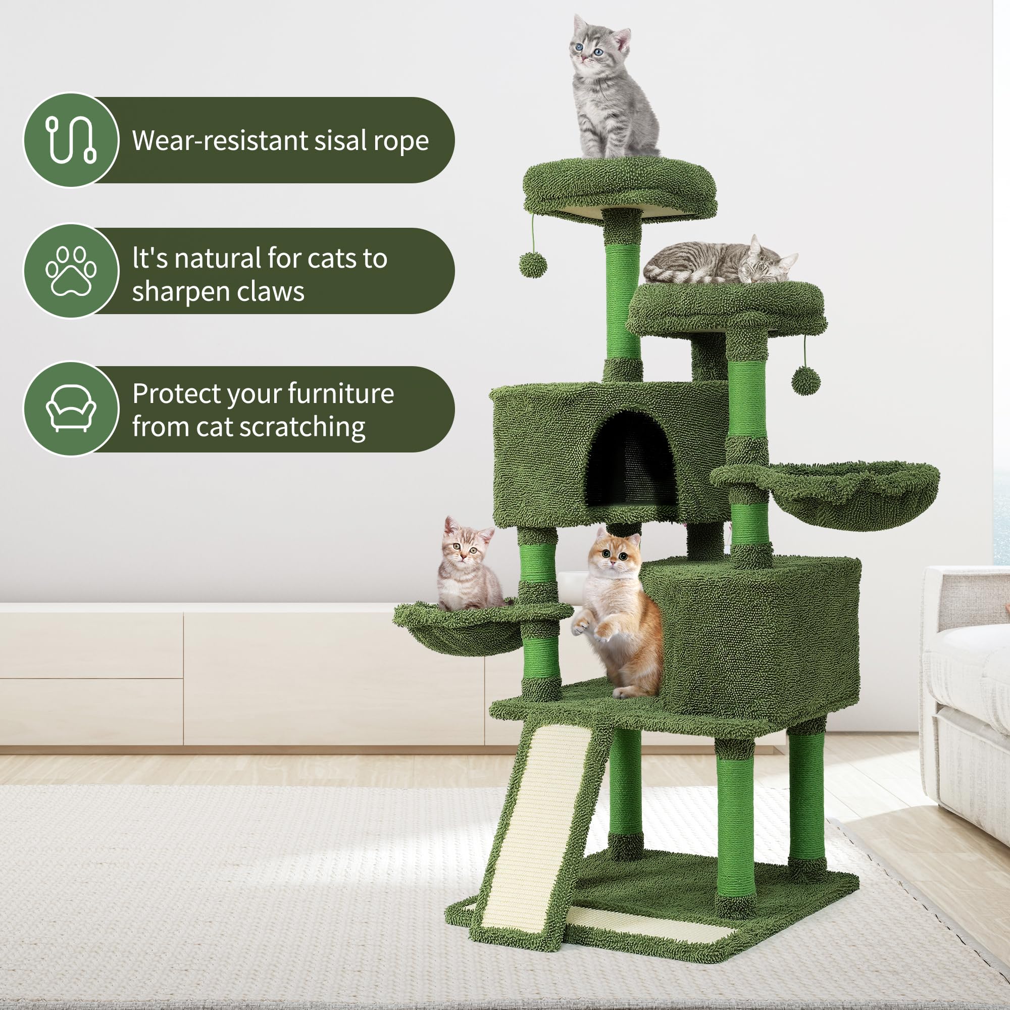 Mile High Life | Multi-Level Cat Tree Condo 58 For Large Cats | Hammock And Sisal Covered Scratching Post Tree For Kittens | T