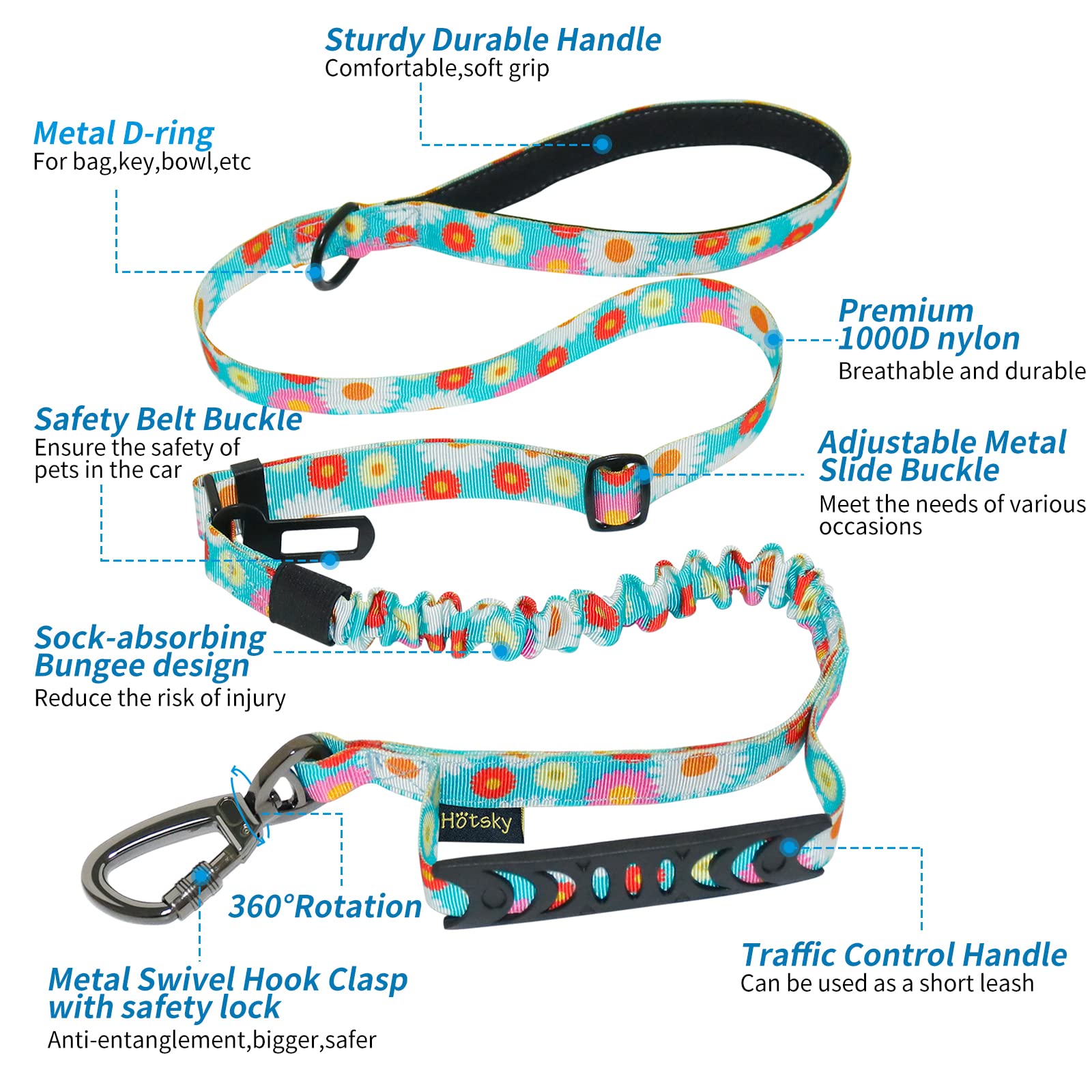 Heavy Duty Dog Leash, Hotsky Tactical Dog Leash With Car Seat Belt And Double Handle For Large Dogs Up To 150Lbs, 4Ft 6Ft Adjustable Shock Absorbing Strong Dog Leash For Dog Training Walking (Daisy)