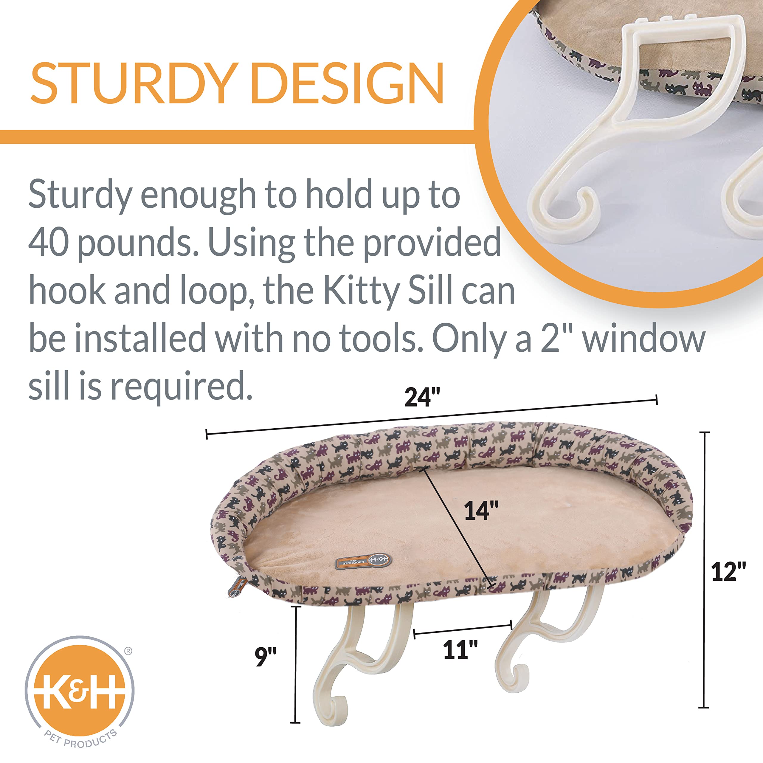 K&H Pet Products Bolster Kitty Sill Cat Window Perch Bed for Large Cats, Orthopedic Window Hammock Holds 40 lbs, Washable Cover,