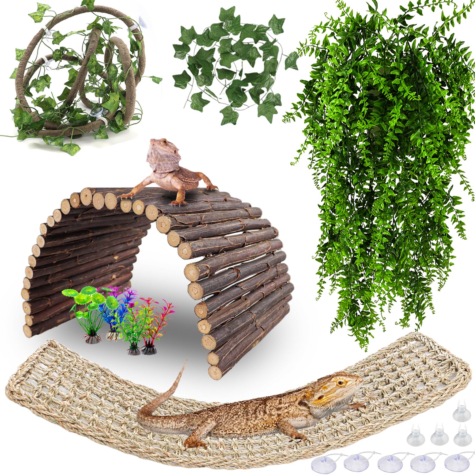 HERCOCCI Bearded Dragon Tank Accessories, Large Reptile Bridge Hammock Flexible - Jungle Climbing Vines and Leaves with Suction 