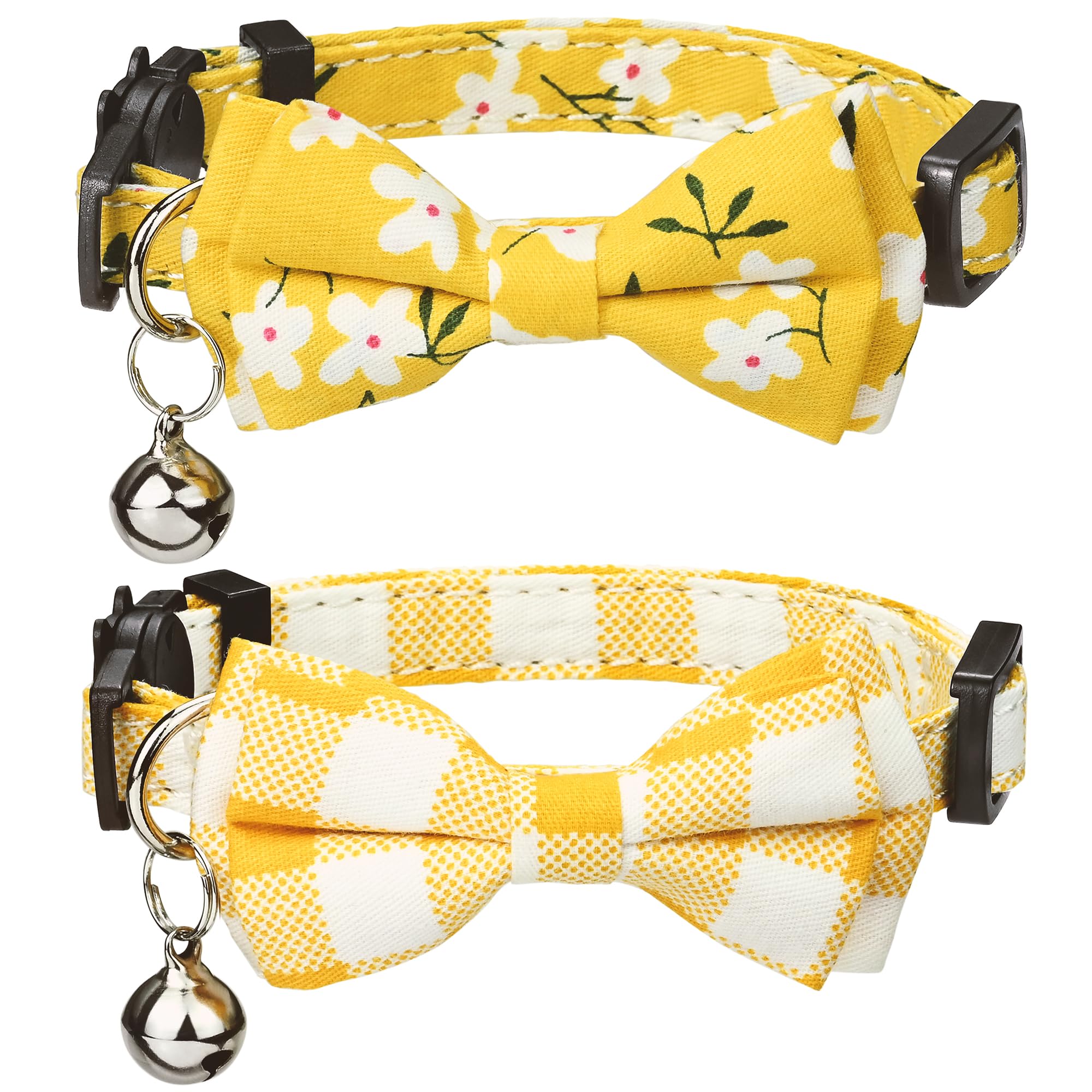 G-Ficu 2 Pack Cat Collar Breakaway With Cute Bow Tie Bell Charm, Flower Plaid Collars For Girl Boy Cats Kittens With Adjustable 