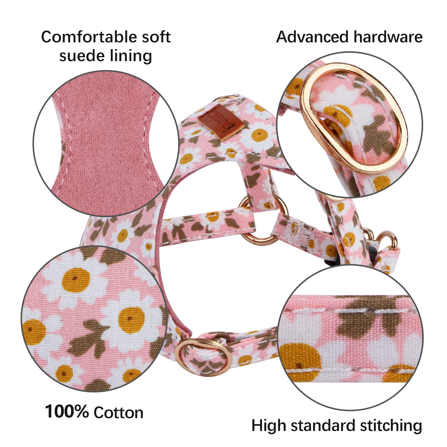 Chede No Pull Floral Pattern Dog Harness- Lightweight, Soft, Adjustable Small Harness And Leash Set, Suitable For Puppy Small And Medium-Sized Dog (Xs, Pink Daisy)