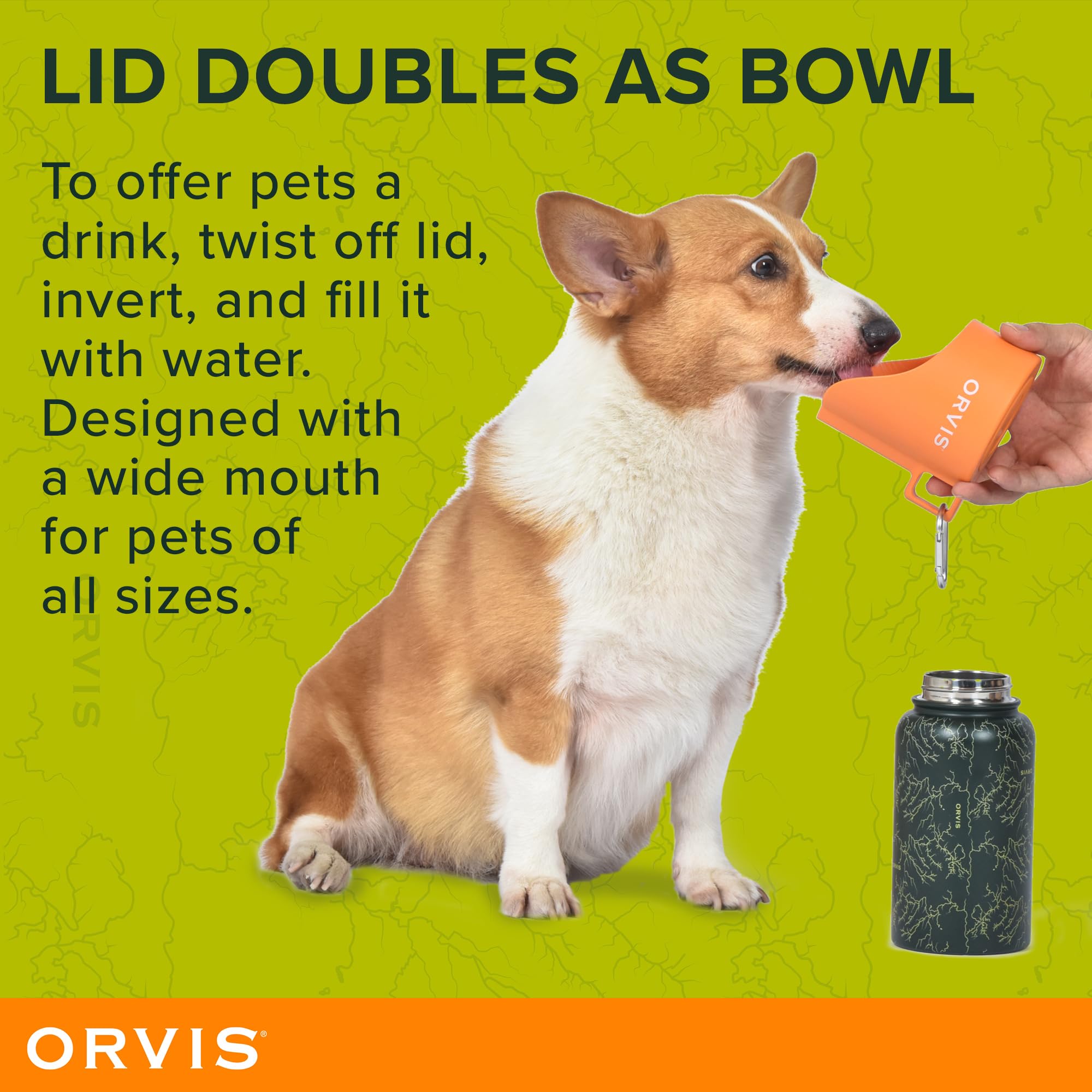 Orvis Dog Travel Water Bottle, 25Oz Capacity | Portable Pet Waterer With Built-In Bowl | Stainless Steel, High Visibility Orange
