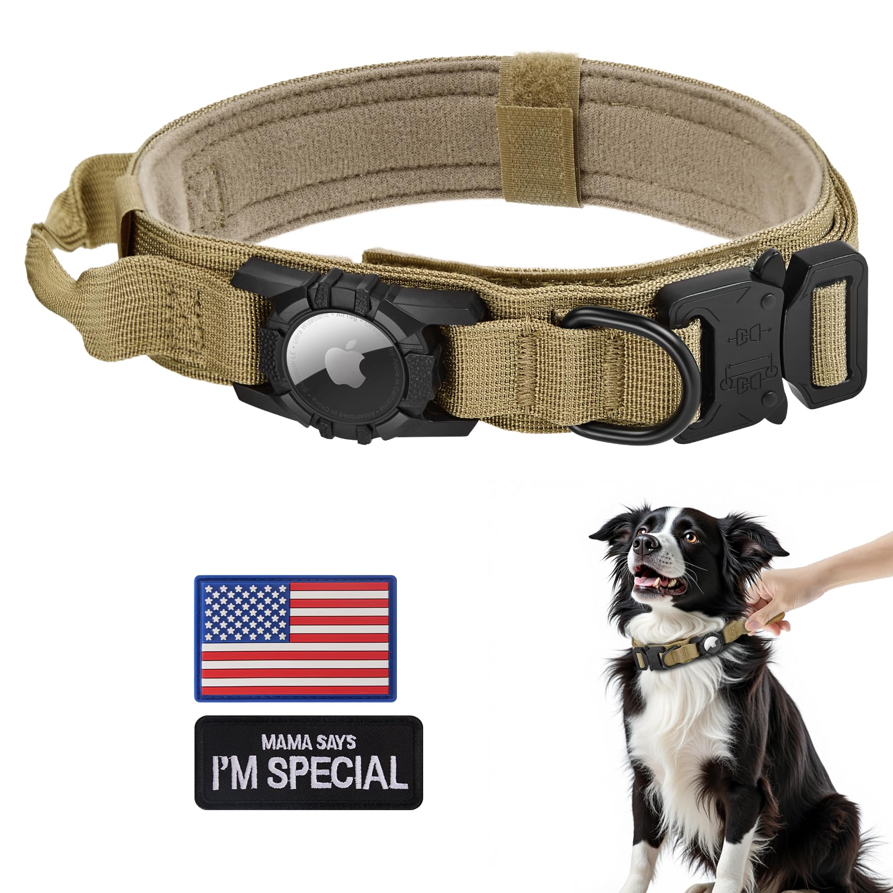 Tactical Airtag Dog Collar - Heavy Duty, Adjustable Gps Collar Compatible With Apple Airtag, With Holder & Control Handle For Me