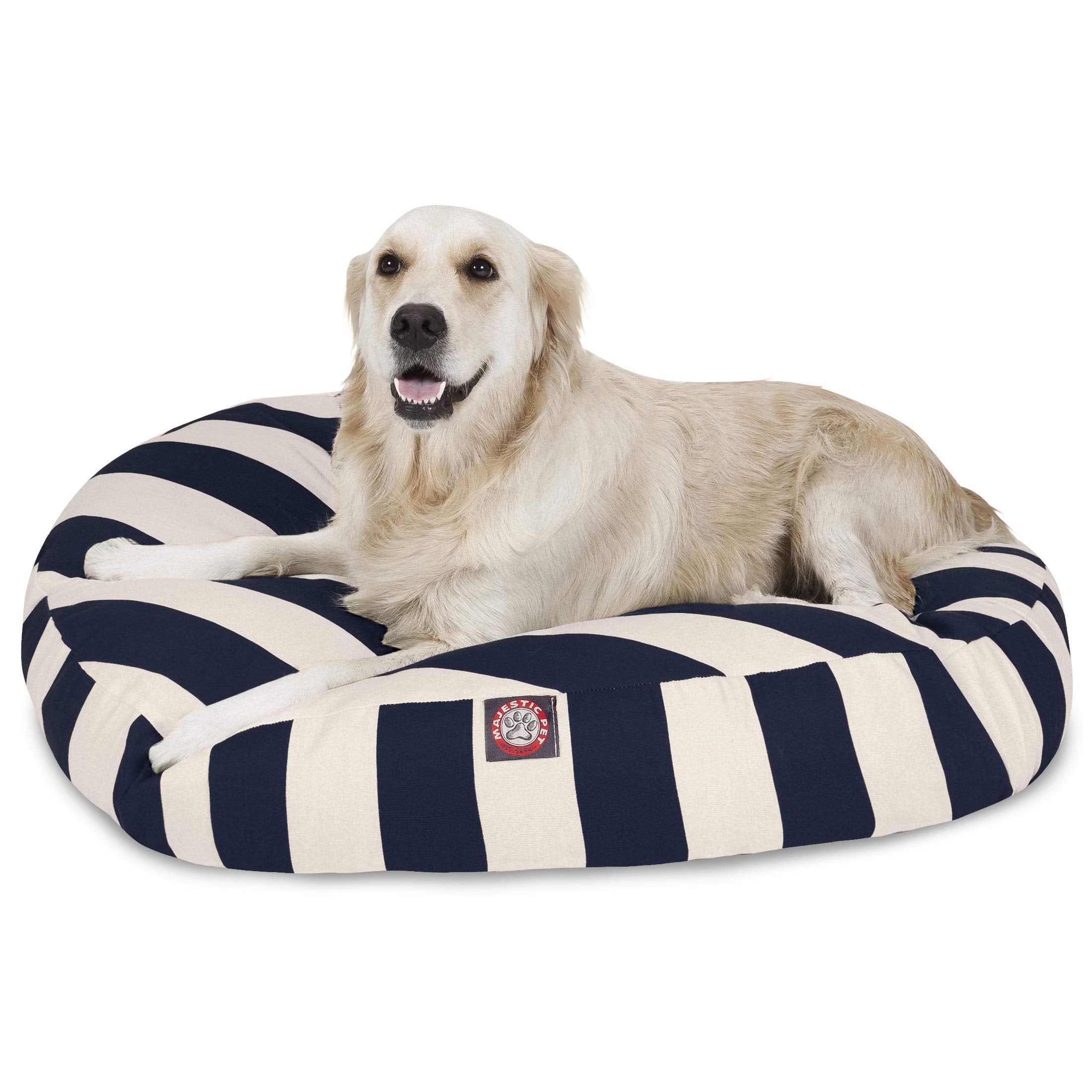 Navy Blue Vertical Stripe Large Round Indoor Outdoor Pet Dog Bed With Removable Washable Cover By Majestic Pet Products