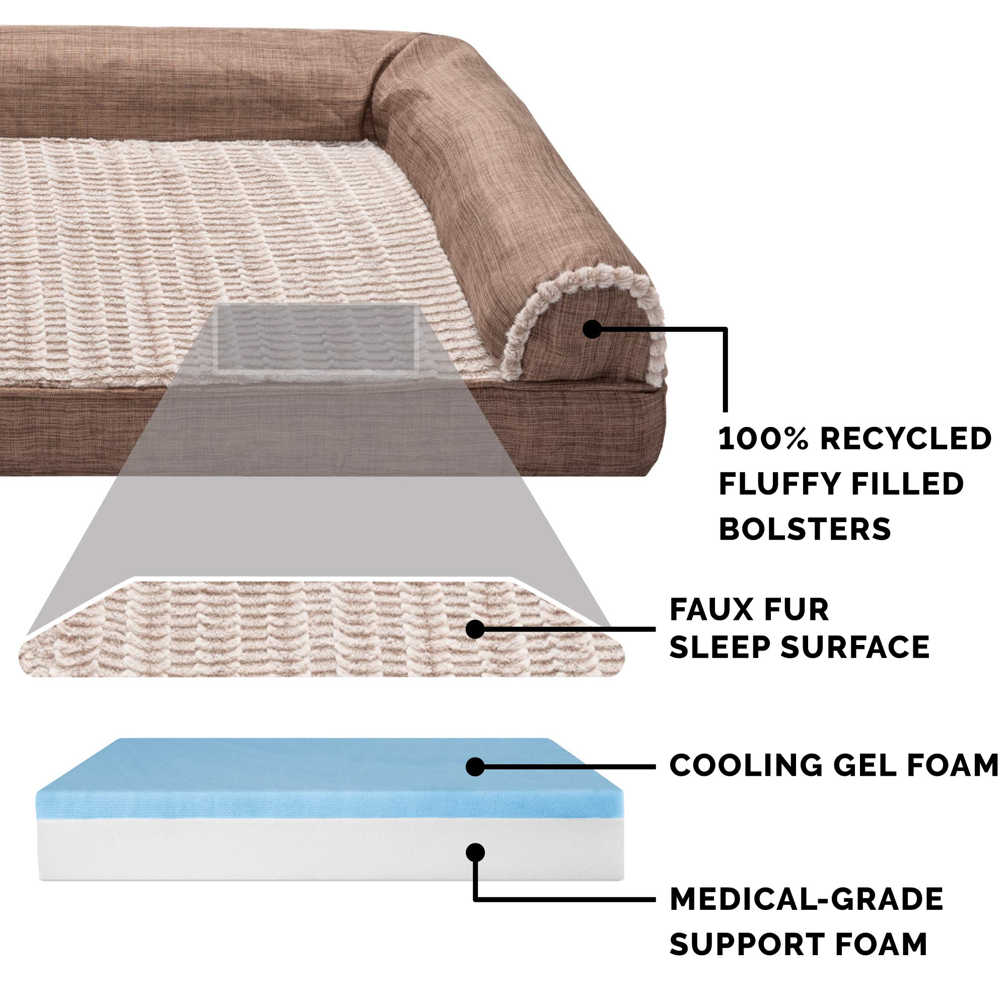 Furhaven Cooling Gel Dog Bed for Large Dogs w/ Removable Bolsters & Washable Cover, For Dogs Up to 125 lbs - Luxe Faux Fur & Per