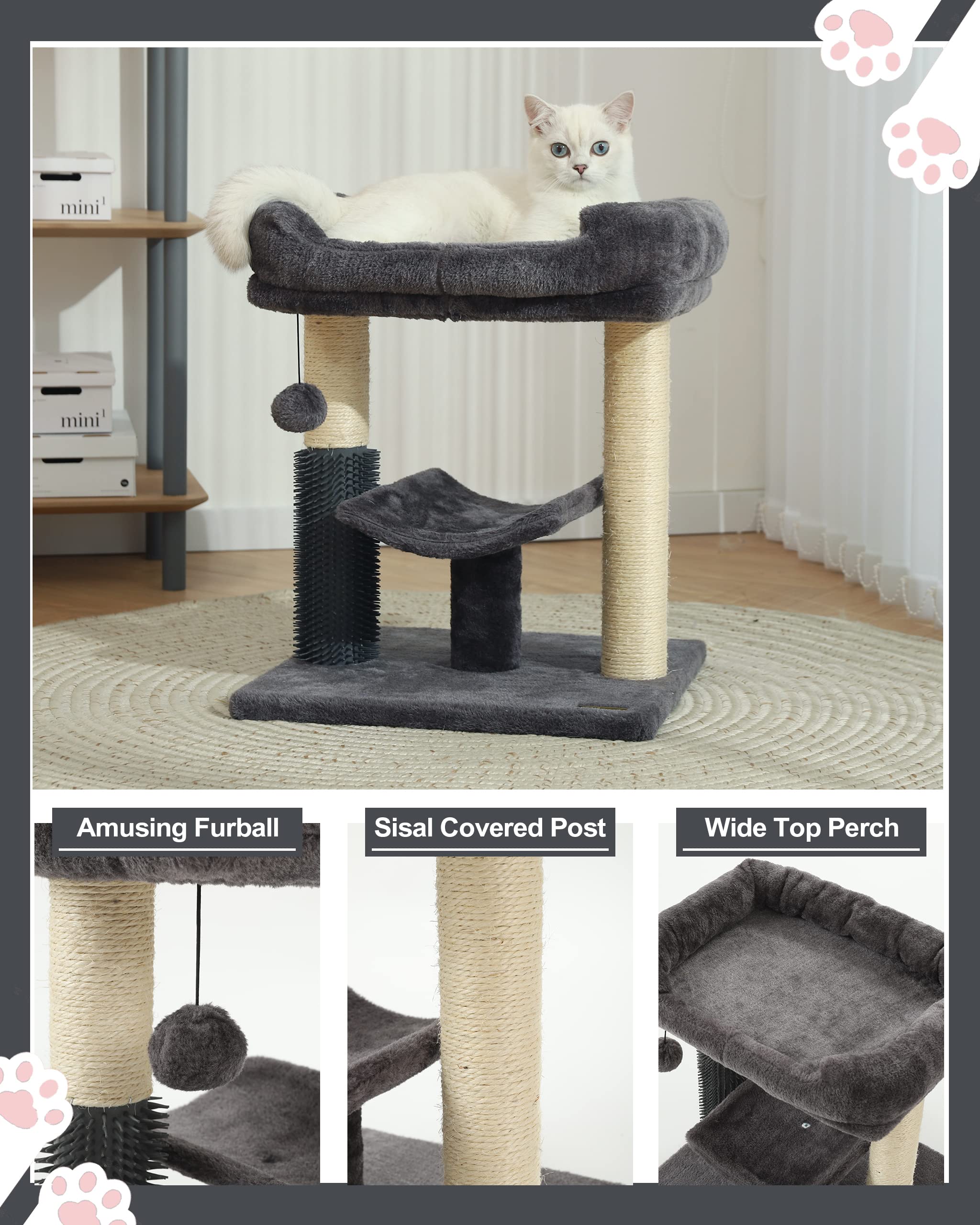 HOOPET Cat Tree Tower, Smoky Gray Cat Scratching Post with Cozy Perch, Self Groomer, Interactive Ball, Model HYAMZ-MPJ005