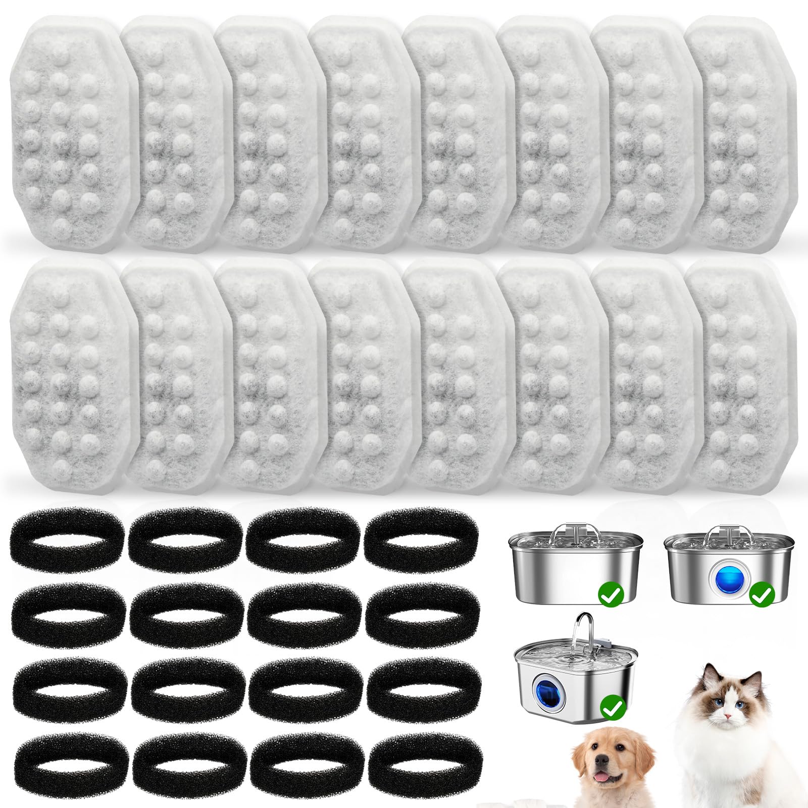 16 Pack Cat Water Fountain Replacement Filters & Pre-Filter Sponges for Rellaty and Neareal 108oz/3.2 Automatic Pet Water Founta