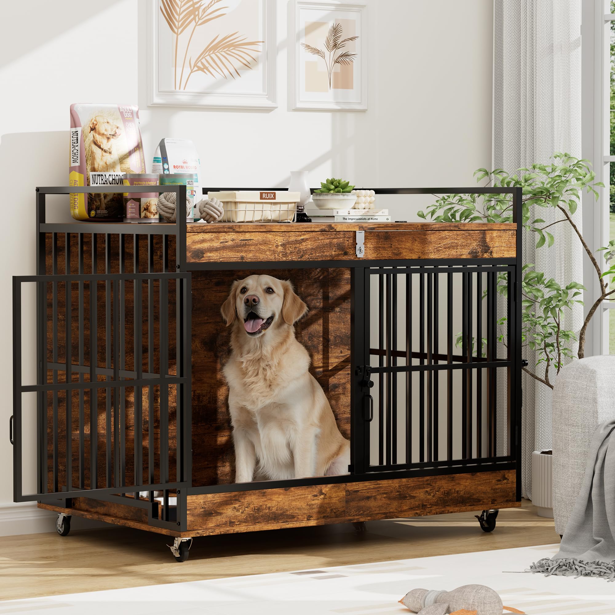 45 Inch Dog Crate Furniture for Large Dog with 2 Stainless Steel Bowls, Large Wooden Dog Crate Table, XL Heavy Duty Dog Kennel I