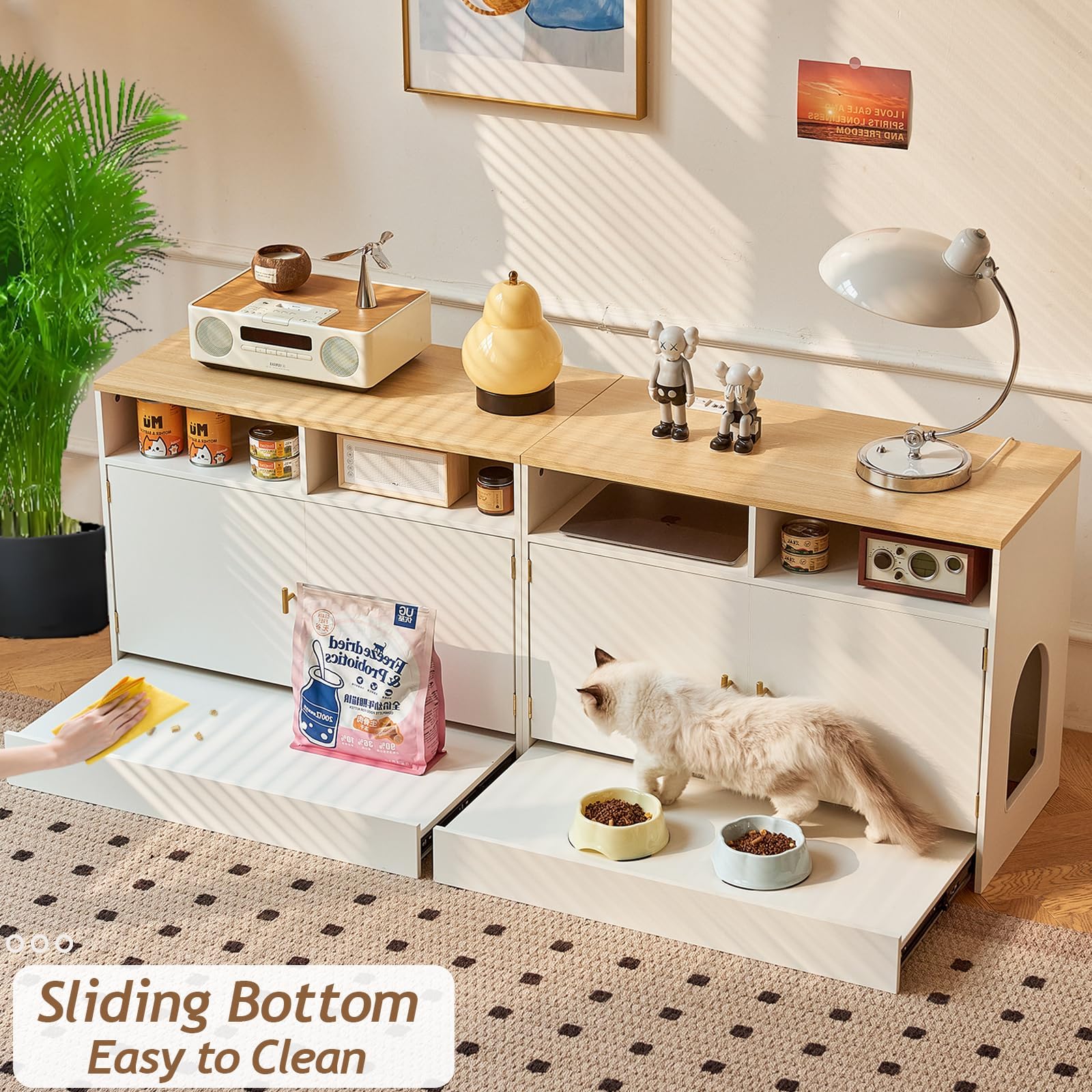 JanflyHome Cat Litter Box Enclosure for 2 Cats, TV Stand with Storage & Outlet, 63  Double Litter Box Enclosure Furniture, Woode