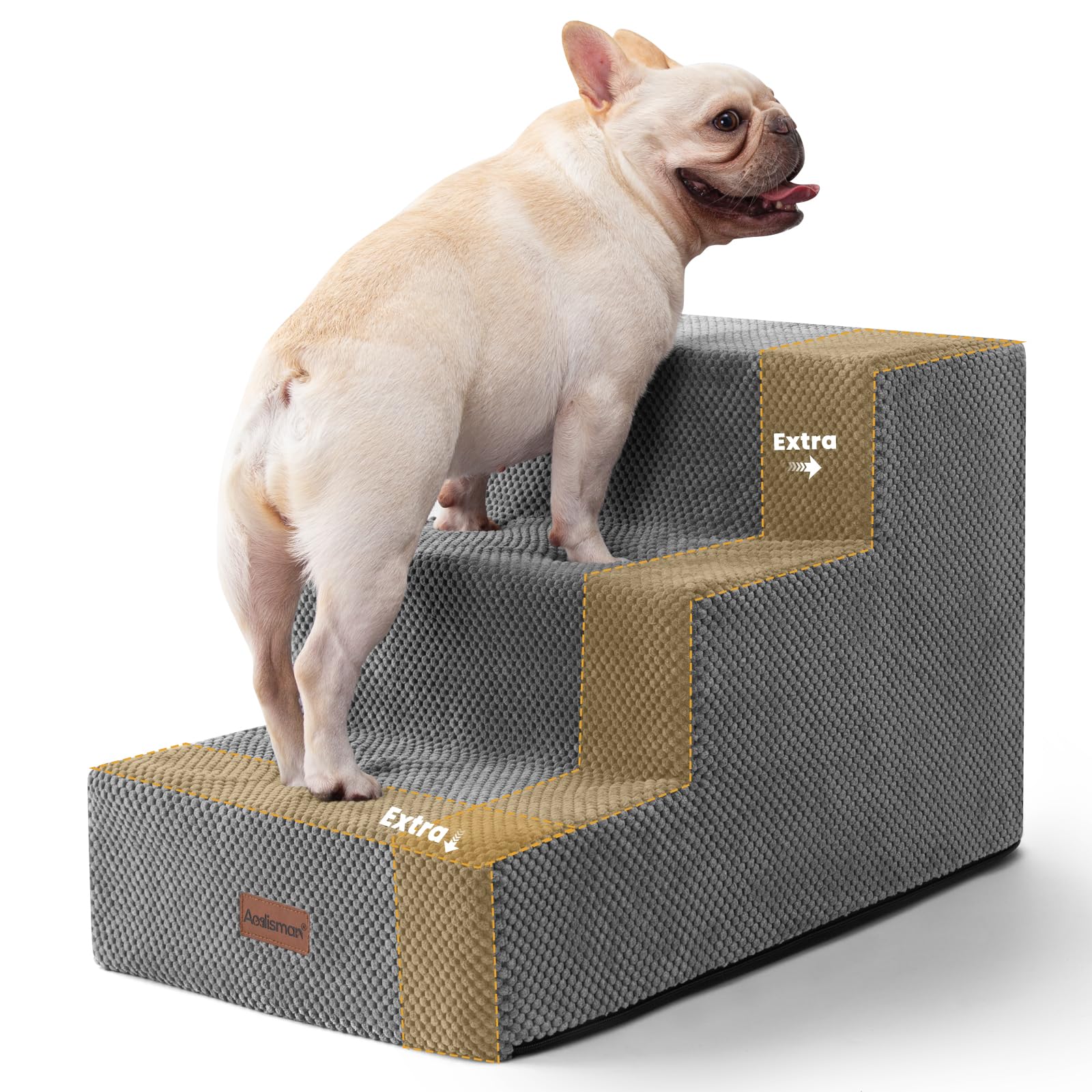 Aodisman Dog Stairs for Small Dogs & Cats,3-Step Extra Wide Non-Slip Pet Steps for Couch Sofa and Chair,Grey,15.7 H