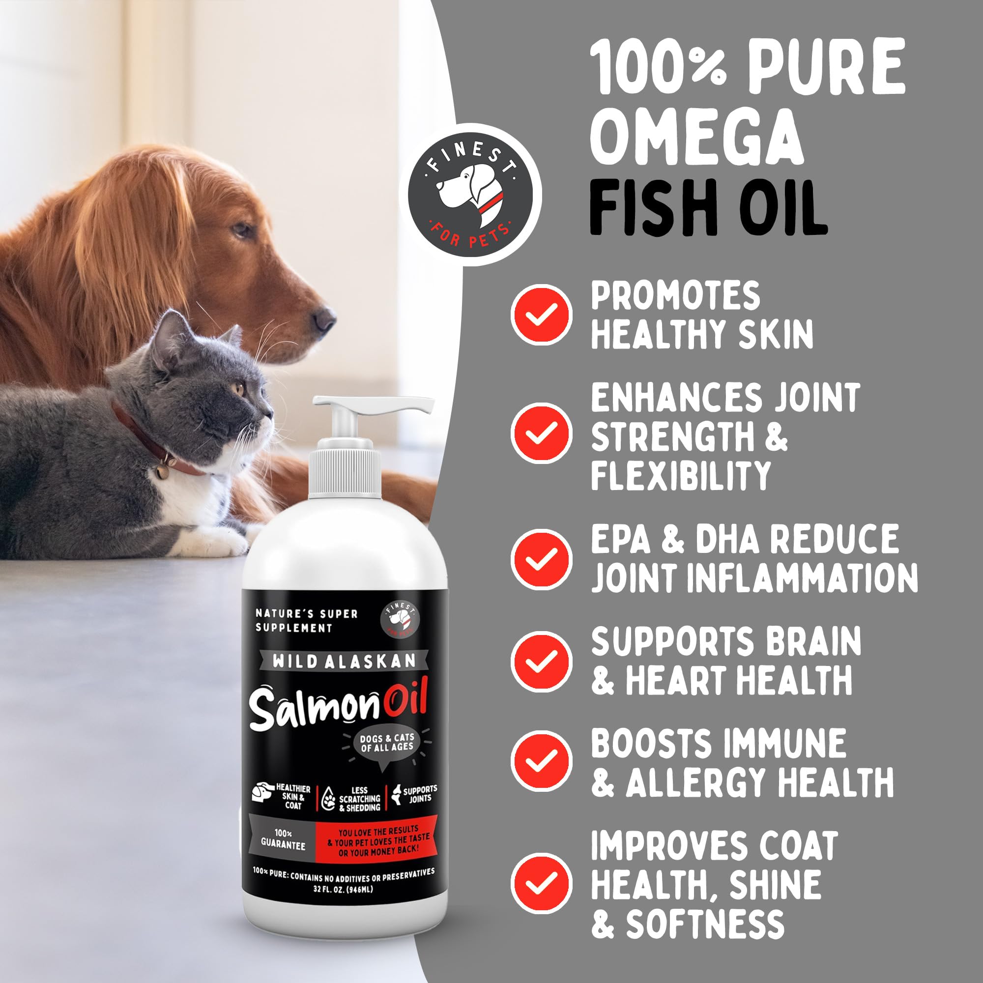 Finest For Pets Wild Alaskan Salmon Oil for Dogs & Cats - Omega 3 Fish Oil with Pollock & Salmon for Sensitive Skin & Coat Healt