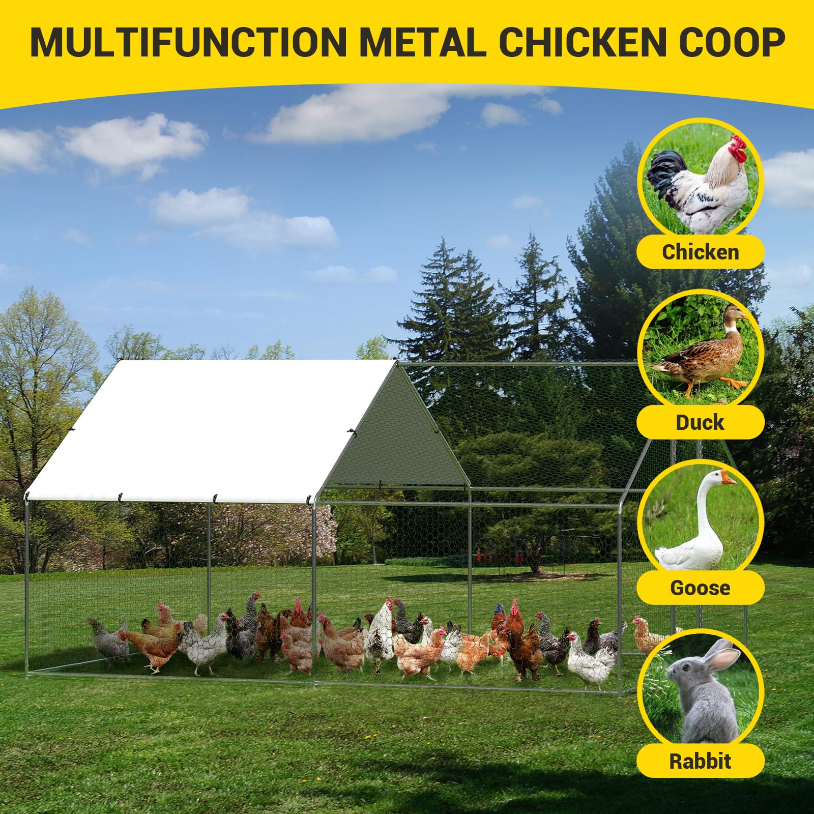 Garvee Large Metal Chicken Coop with Waterproof and Anti-UV Cover, Walk-in Poultry Cage, Large Chicken Pen, Outdoor Hen Run Hous