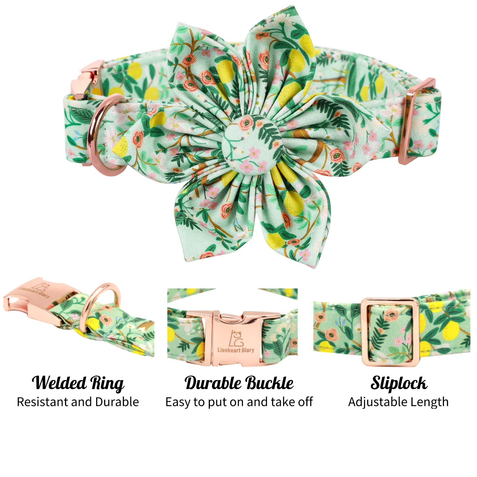 Lionheart Glory Dog Collar, Dog Collar with Flower, Cute Lemon Floral Pattern Pet Collar Adjustable Dog Collar for X-Small Dogs
