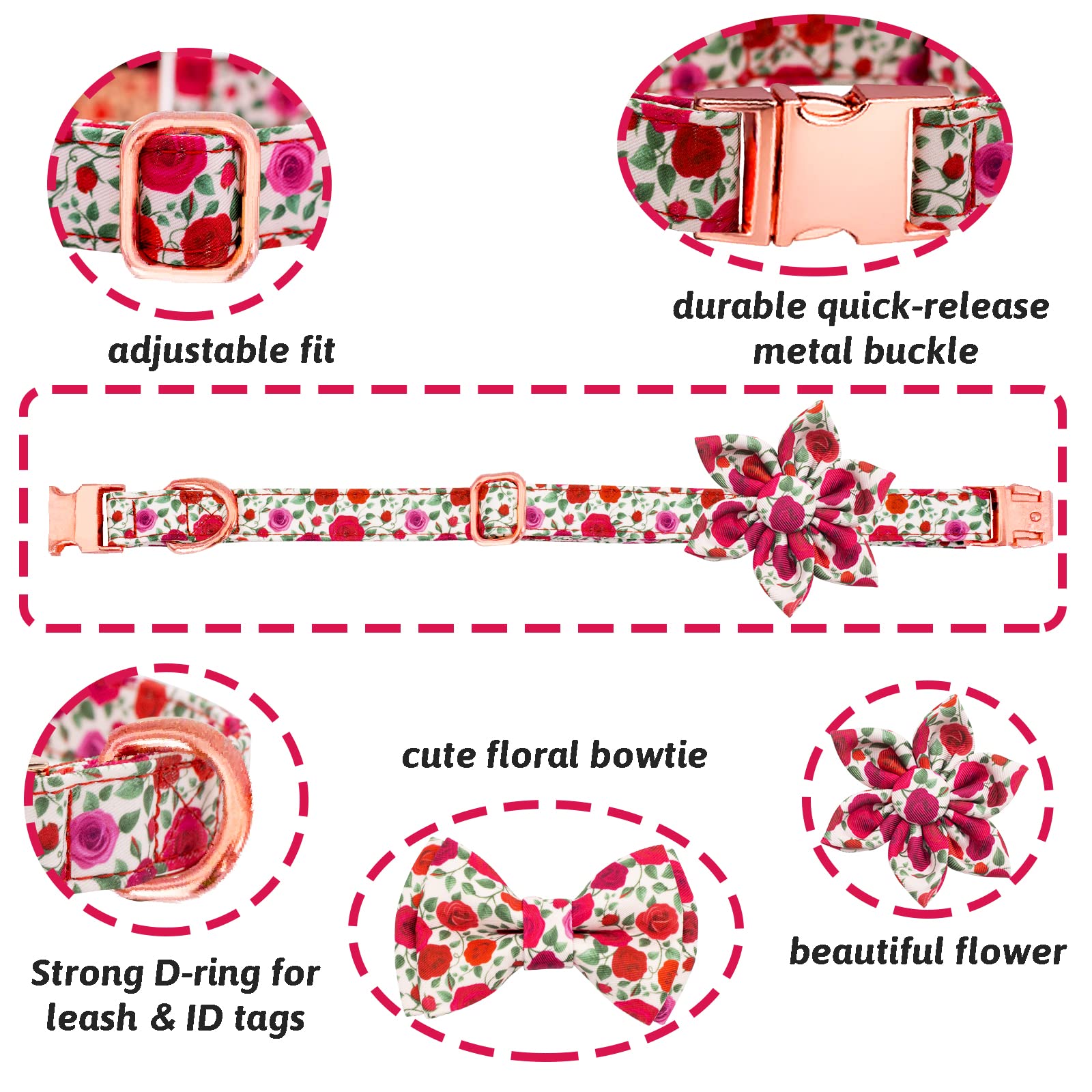 HSIGIO Dog Collar and Leash Set Girls Adjustable Puppy Collars with Floral Bow Tie for Small Medium Large Female Dogs, Red Rose,