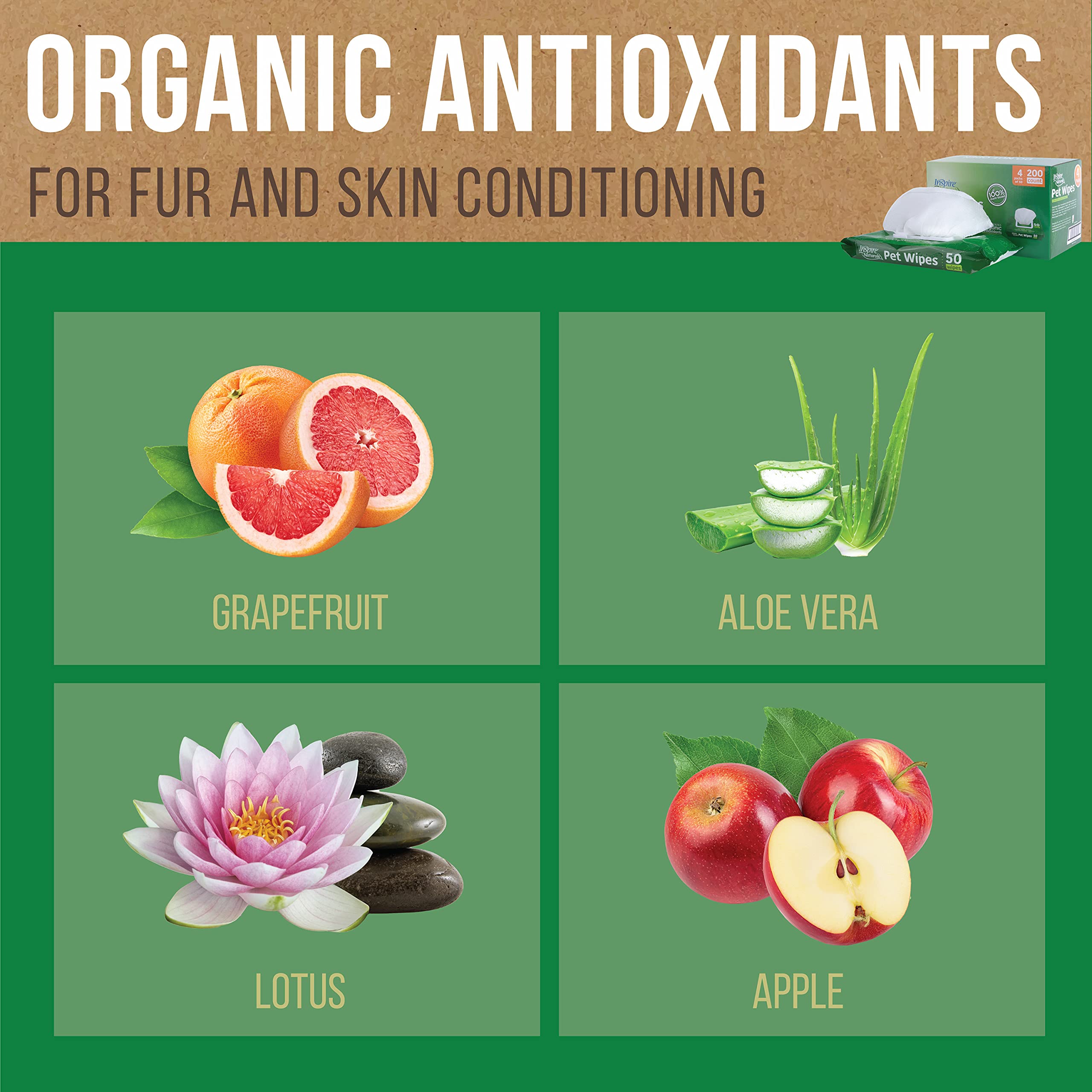 Inspire Naturals Pet Wipes 100% Natural Plant Based With Organic Antioxidants, Dog Wipes Cleaning Deodorizing Cat Wipes | Dog Bath Dog Ear Wipes | Dog Wipes For Paws And Butt (200Ct - 4 Pack)