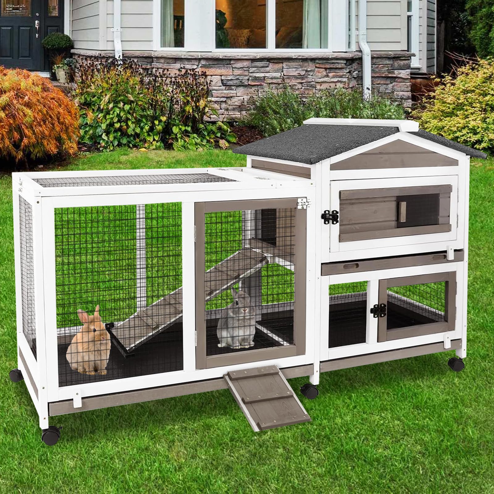 Petscosset 57'' L Rabbit Hutch Indoor Outdoor 2 Story Large Bunny Hutch With Run Guinea Pig Cage Wooden Rabbit Cage With Removab